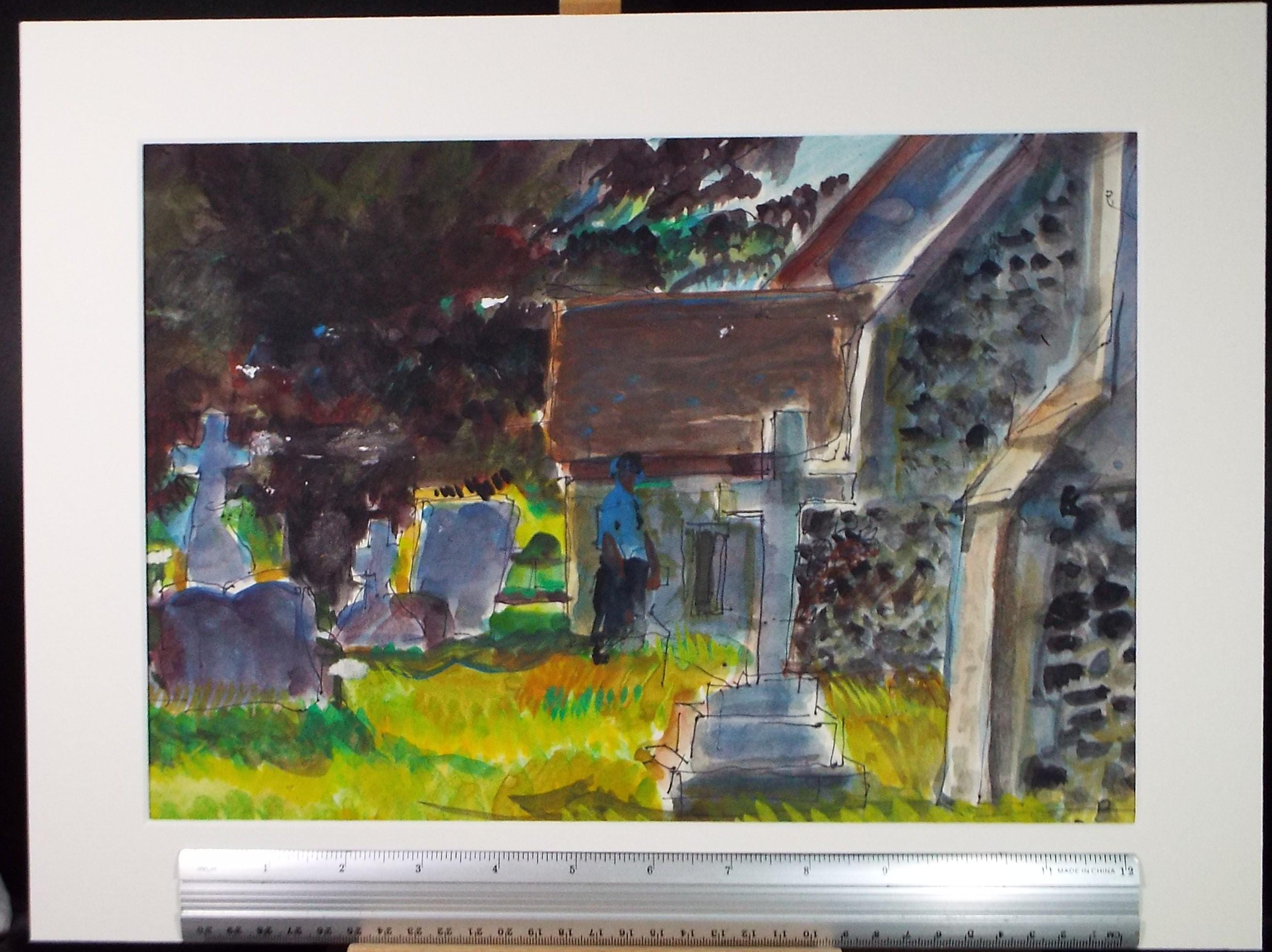 Original Watercolour, 'figure in a grave yard', John Gilbey Bowes (1929-2011), Circa 1990's