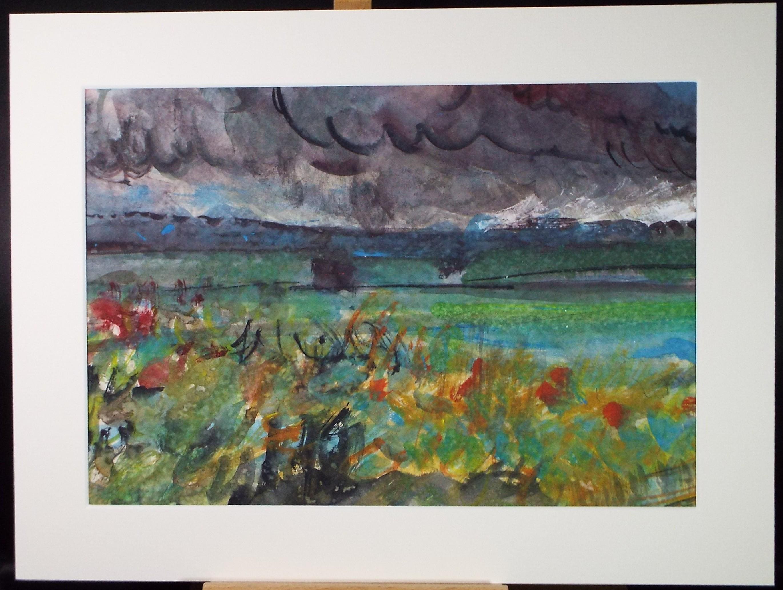 Original Watercolour, 'Fields below as stormy sky', John Gilbey Bowes (1929-2011), Circa 1990's