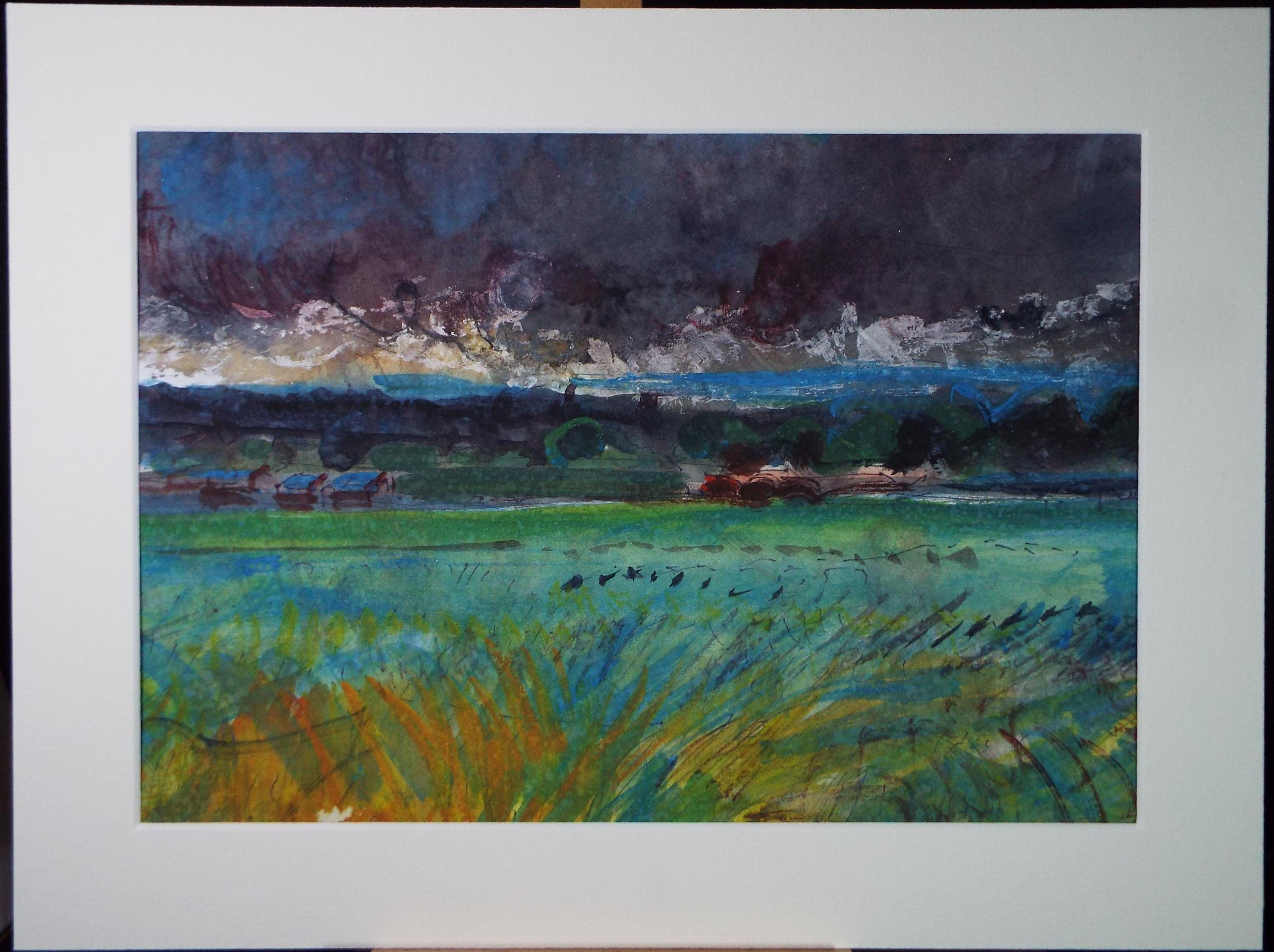 Original Watercolour, 'Fields below as stormy sky', John Gilbey Bowes (1929-2011), Circa 1990's