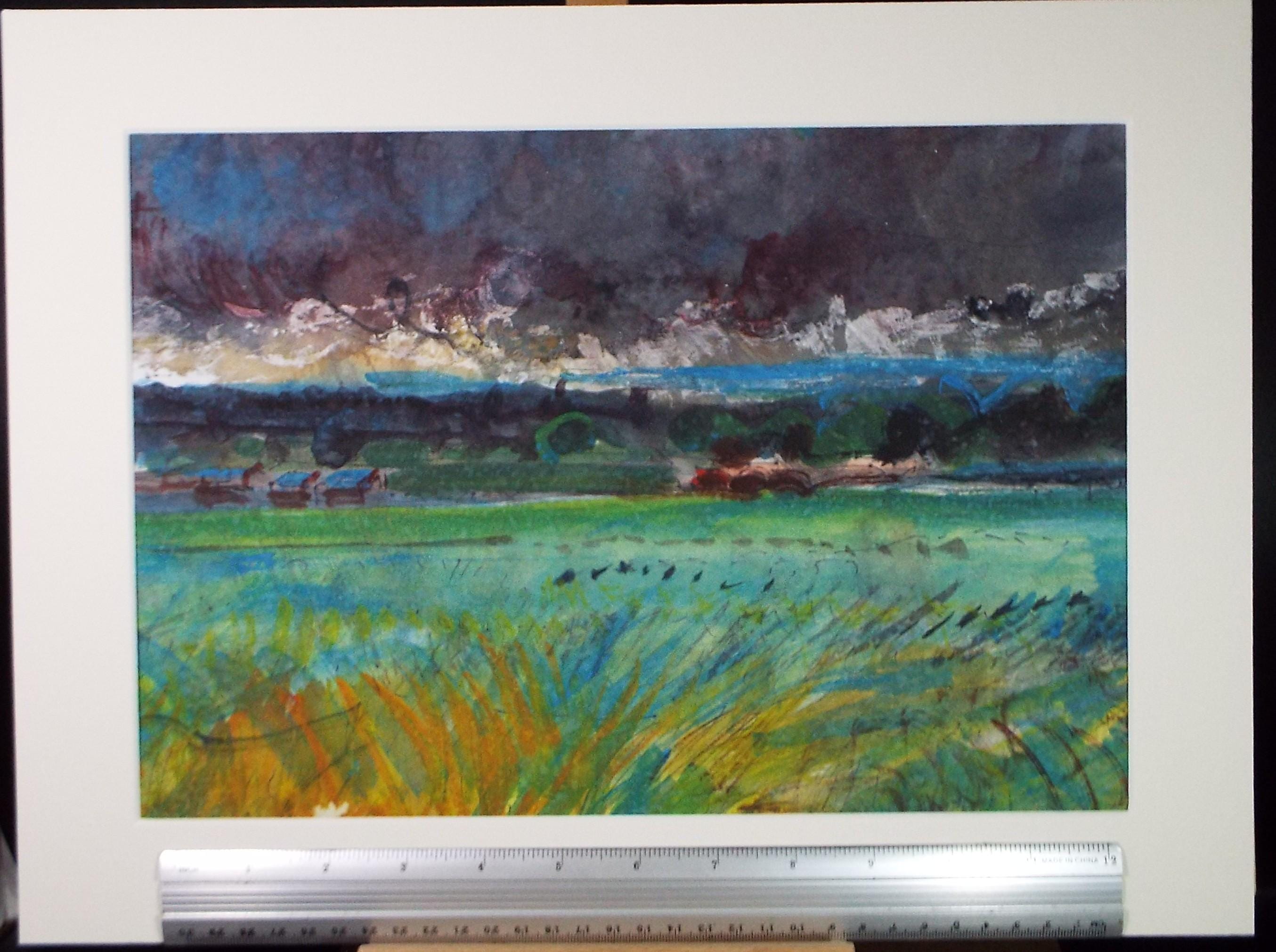 Original Watercolour, 'Fields below as stormy sky', John Gilbey Bowes (1929-2011), Circa 1990's