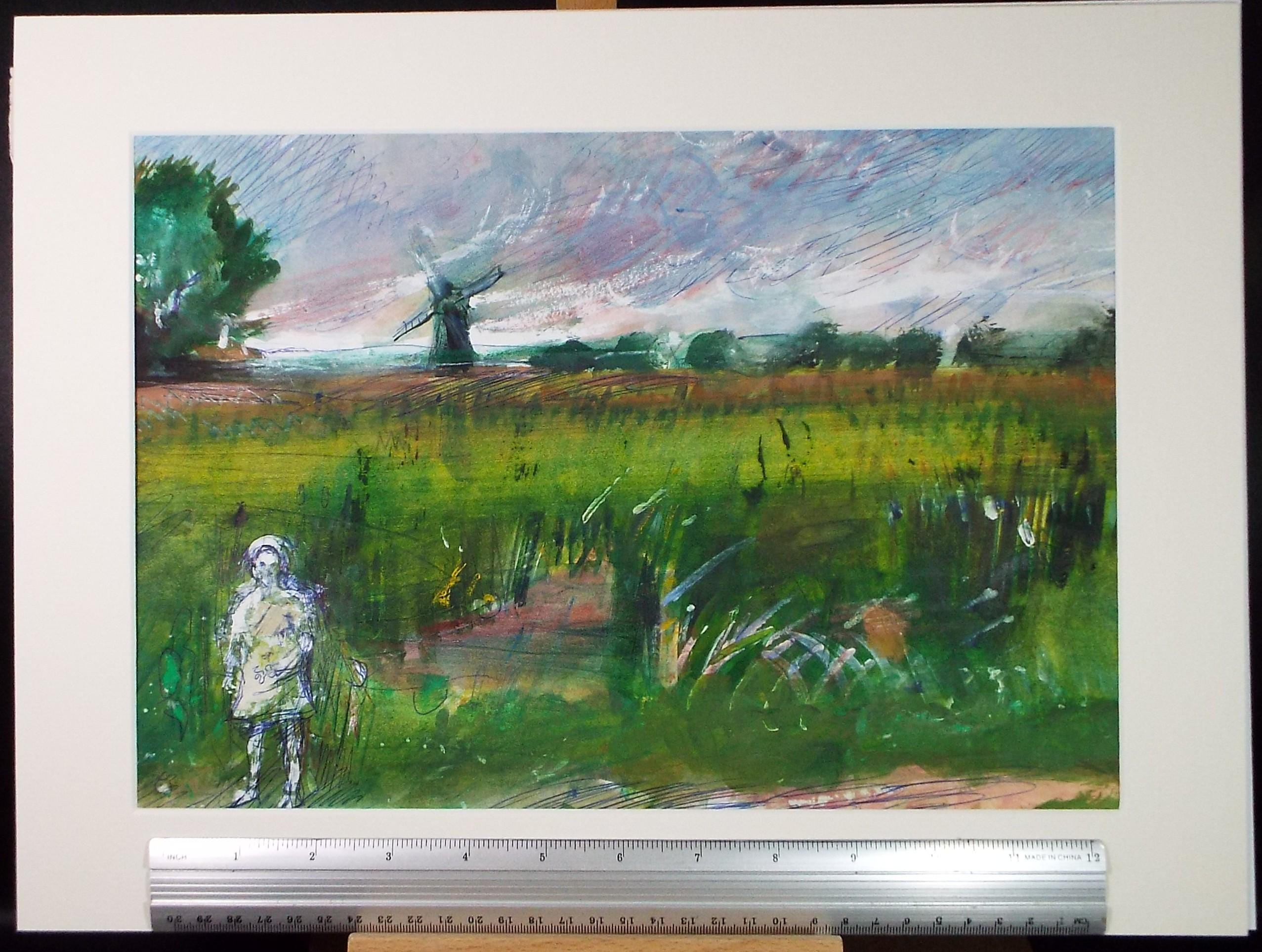 Original Pencil and Gouache, 'Summer Meadow, windmill & figure', John Gilbey Bowes (1929-2011), Circa 1990's