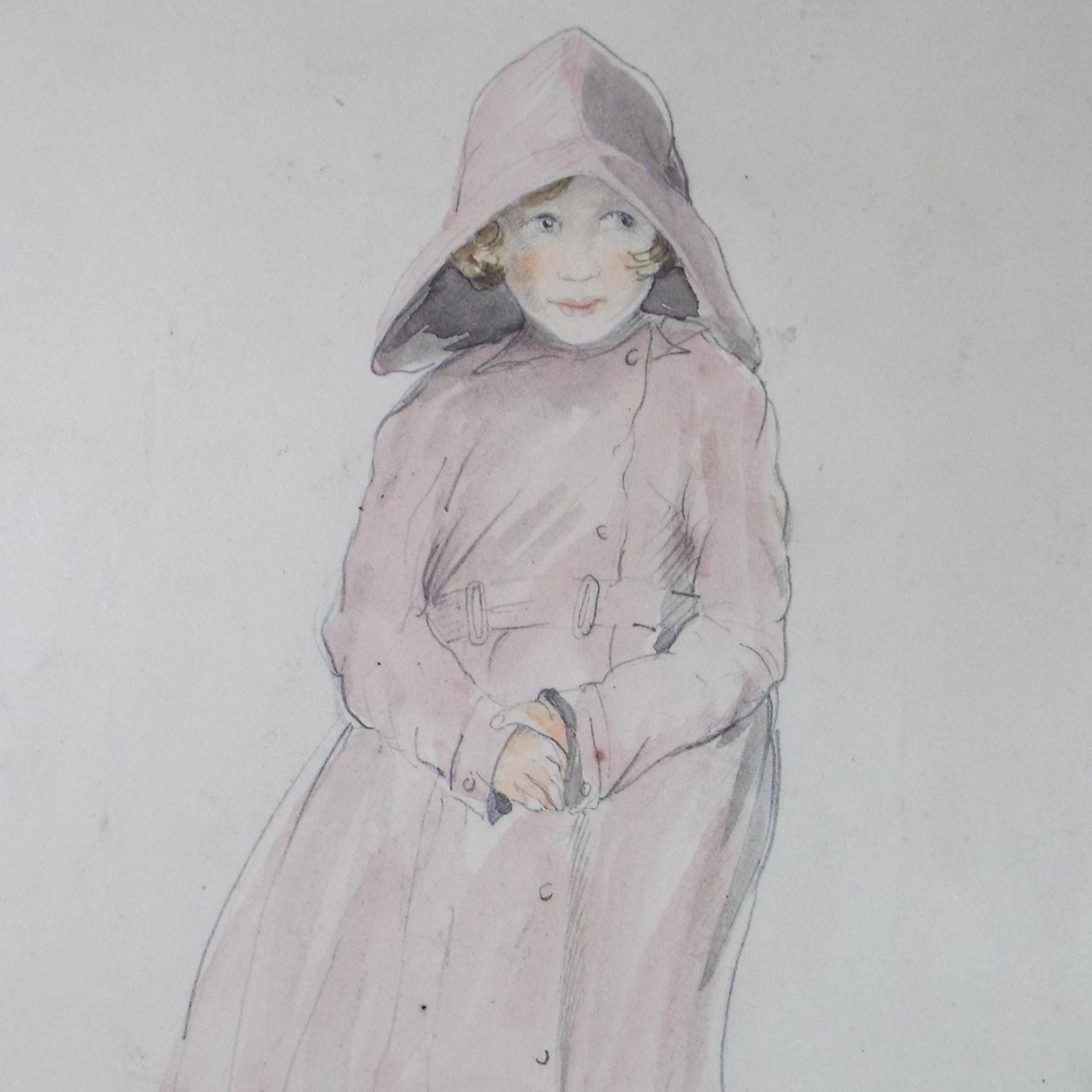 Original Watercolour, 'Girl in a Raincoat', circa 1930's, Artist Unknown