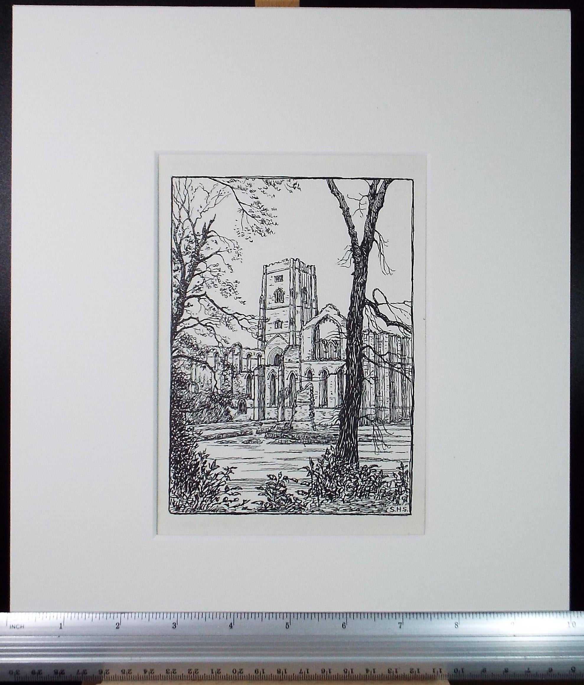 Original Pen & ink Sketch, 'Fountains Abbey', S A Southern, circa 1910