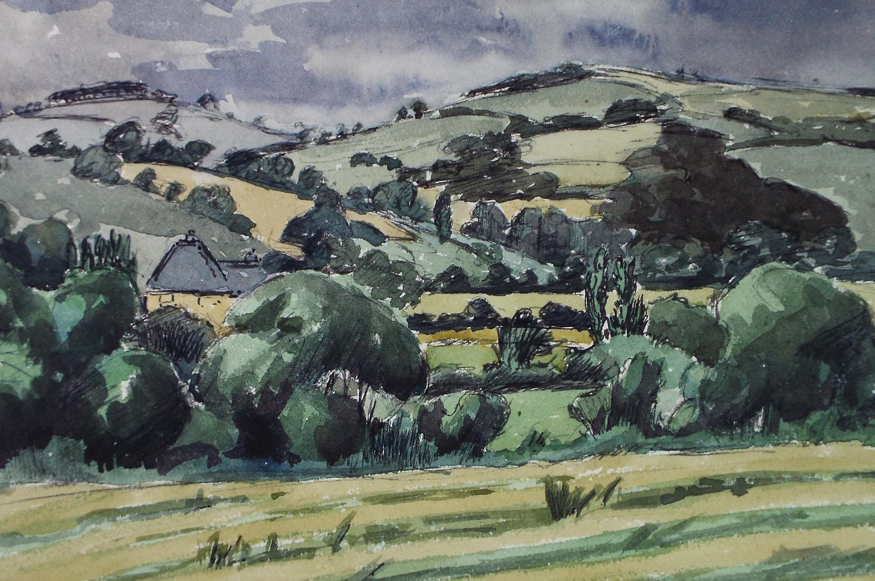 Original Watercolour on Paper, 'Green Landscape', Circa 1970's, Artist Unknown