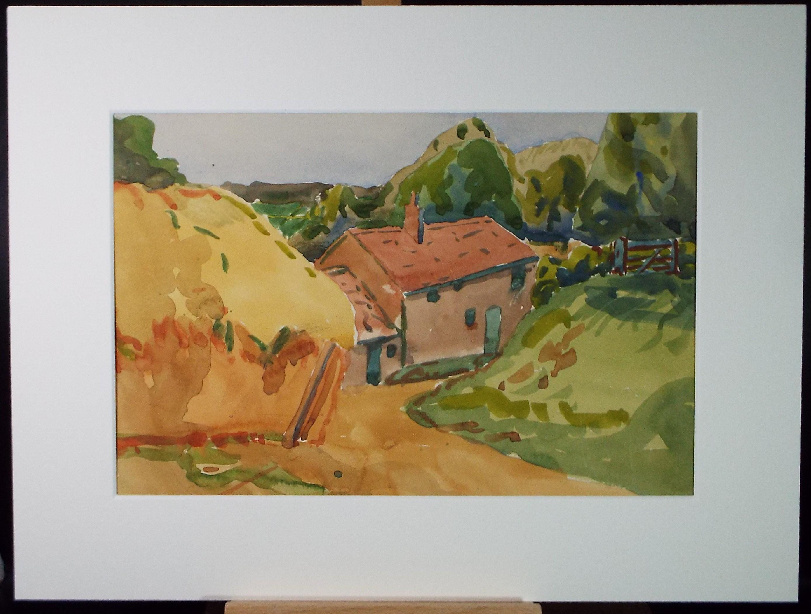 Original Watercolour, 'Farmhouse and haystack', unknown artist, circa 1970's