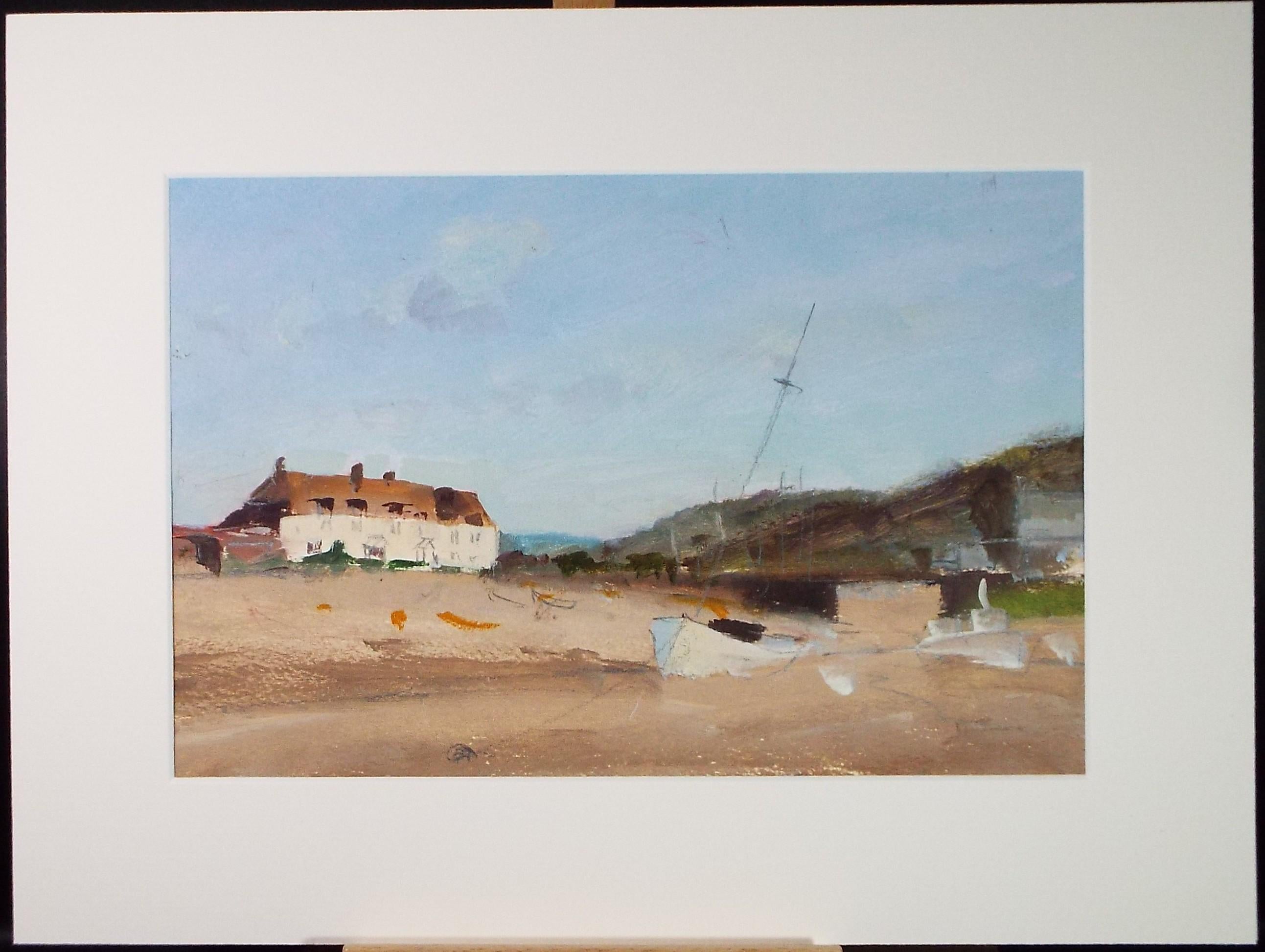 Original Gouache, 'Coastal Cottages with boats', Circa 1980's, Artist Unknown