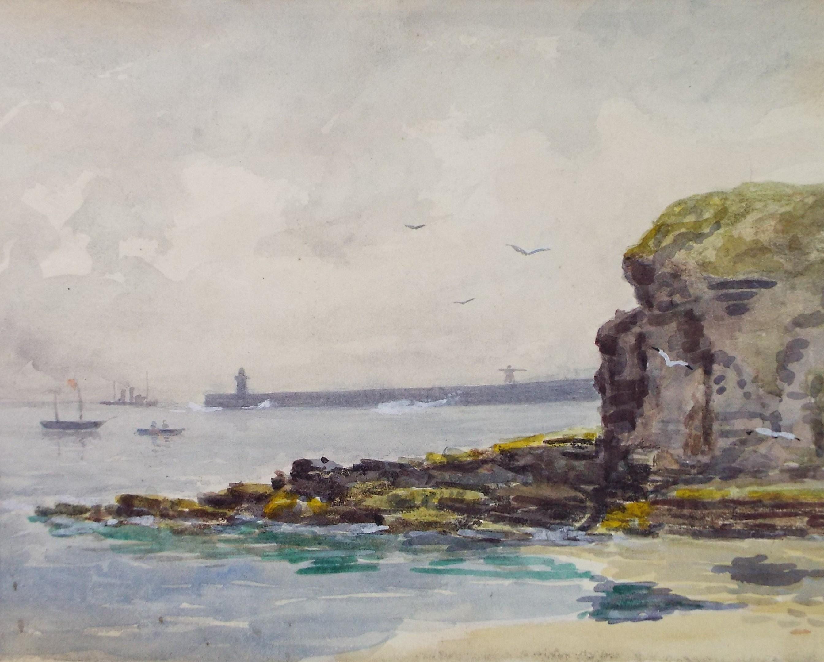 Original Watercolour, 'Harbour with Shipping', circa 1940's, J Valentine