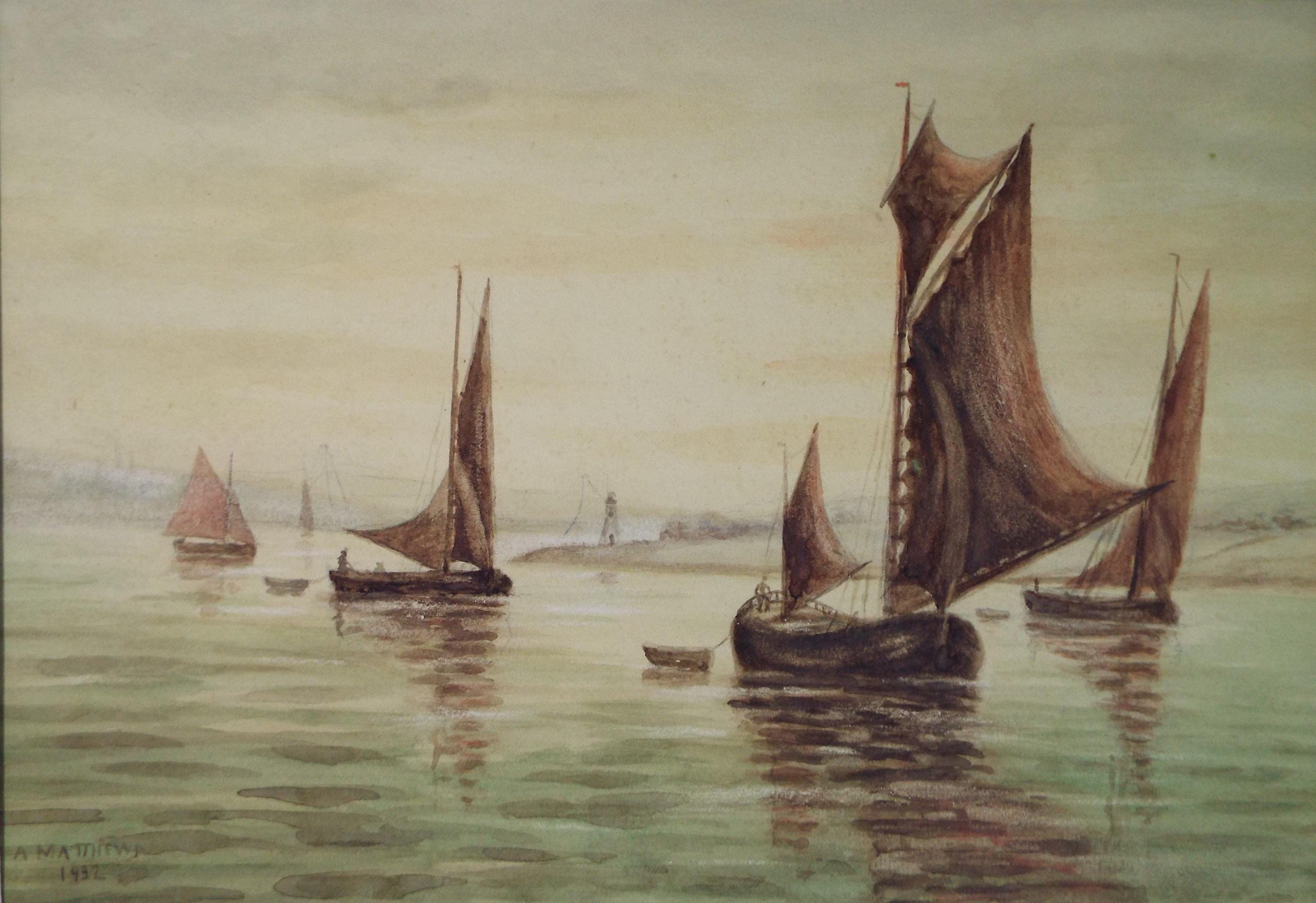 Original Watercolour, 'Sailing Barges', A Mathew, dated 1932