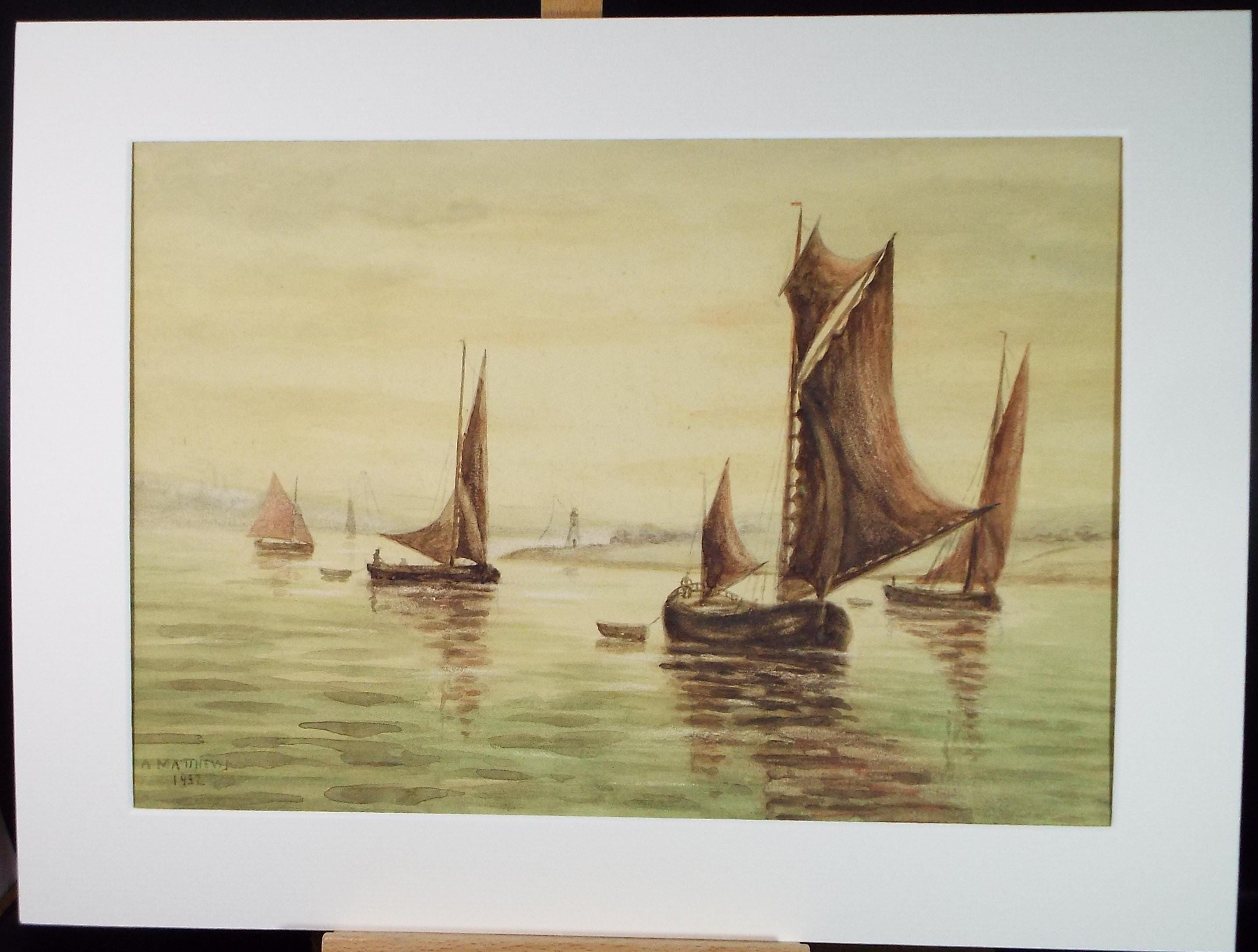 Original Watercolour, 'Sailing Barges', A Mathew, dated 1932