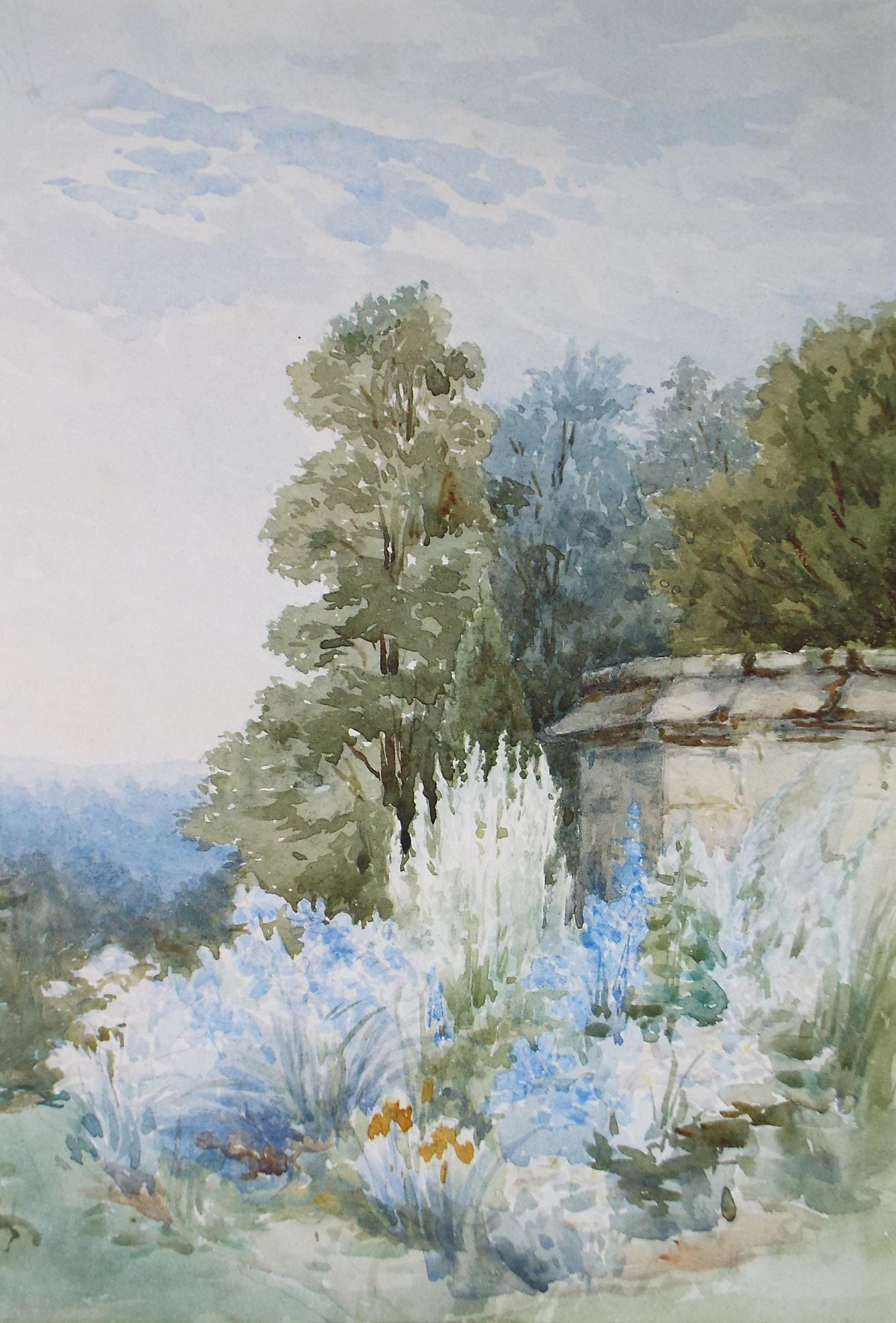 Original Watercolour, 'Herbaceous border in blue', Late 19th Century, Artist Unknown