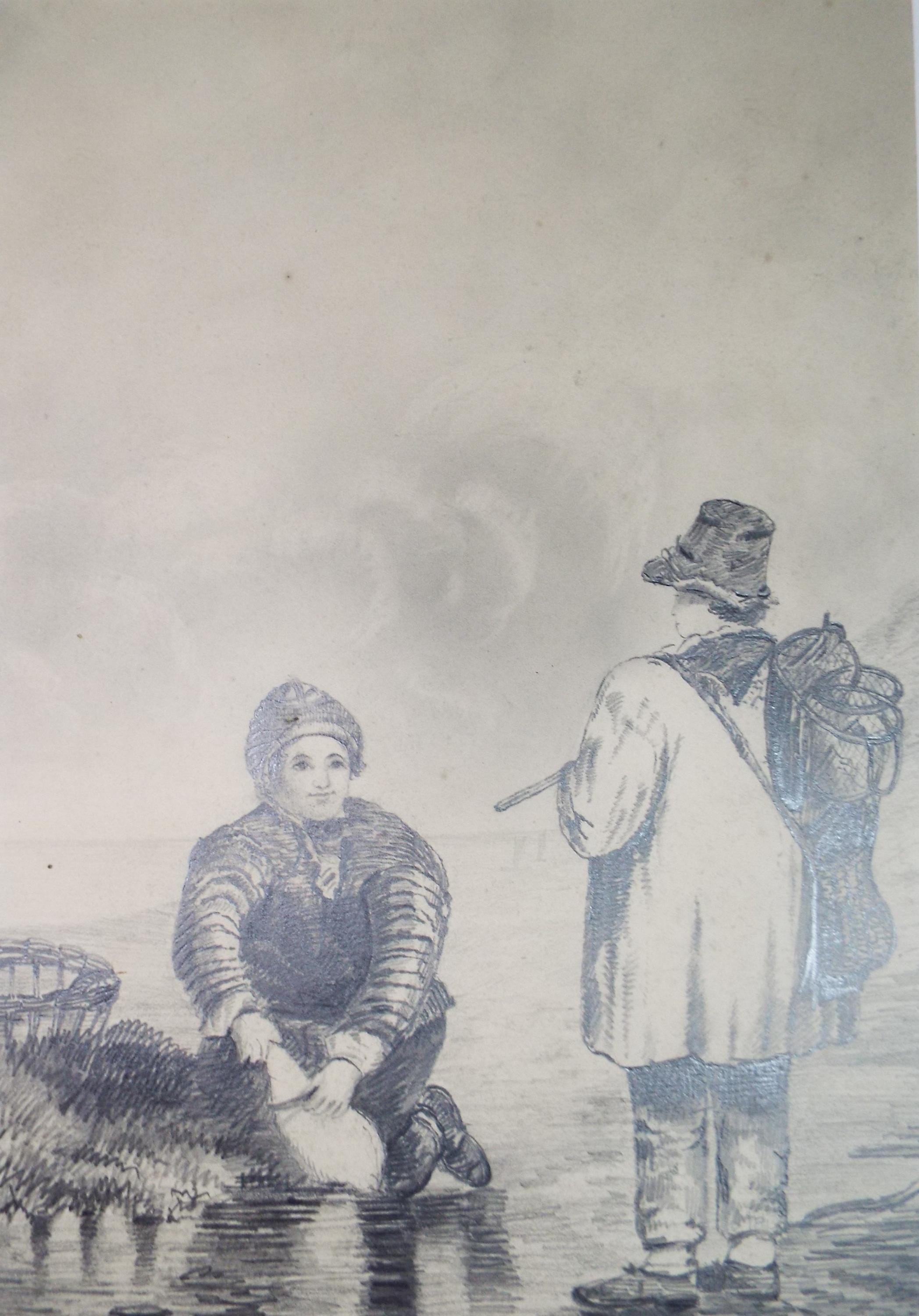 Original Pencil drawing, 'Fishers on the Shore', Unknown Artist, late 19th Century