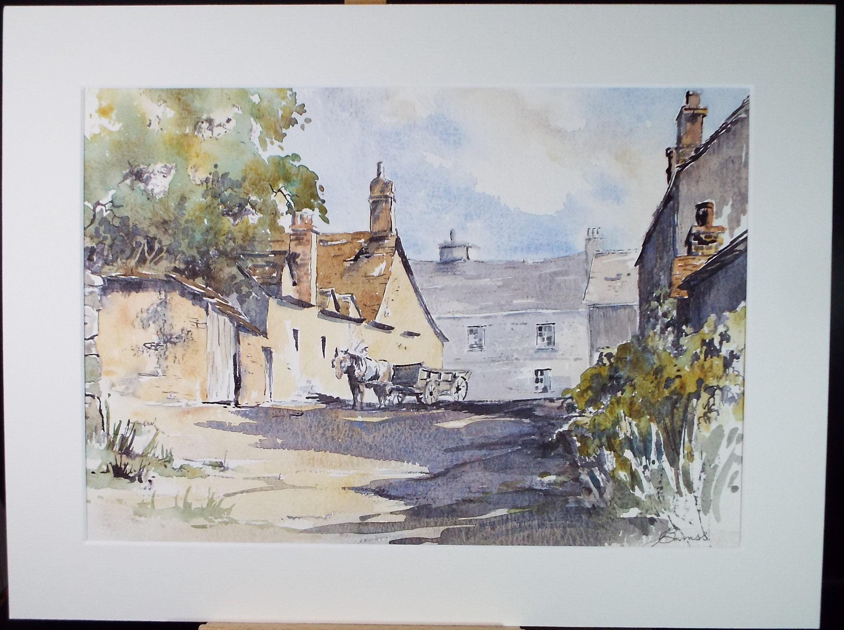 Original Watercolour, 'Village street with horse & cart', signed Barrass, circa 1970's