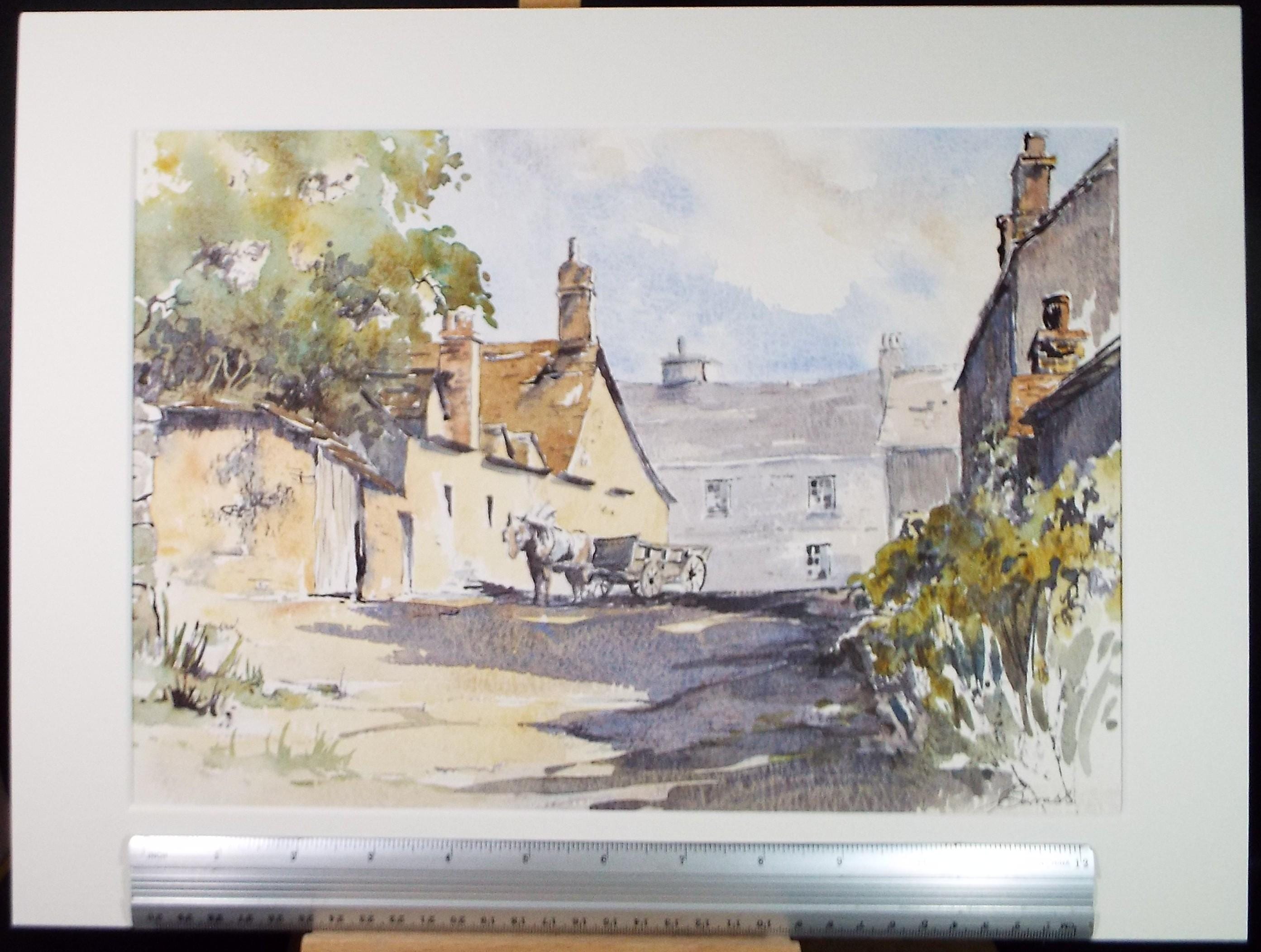 Original Watercolour, 'Village street with horse & cart', signed Barrass, circa 1970's