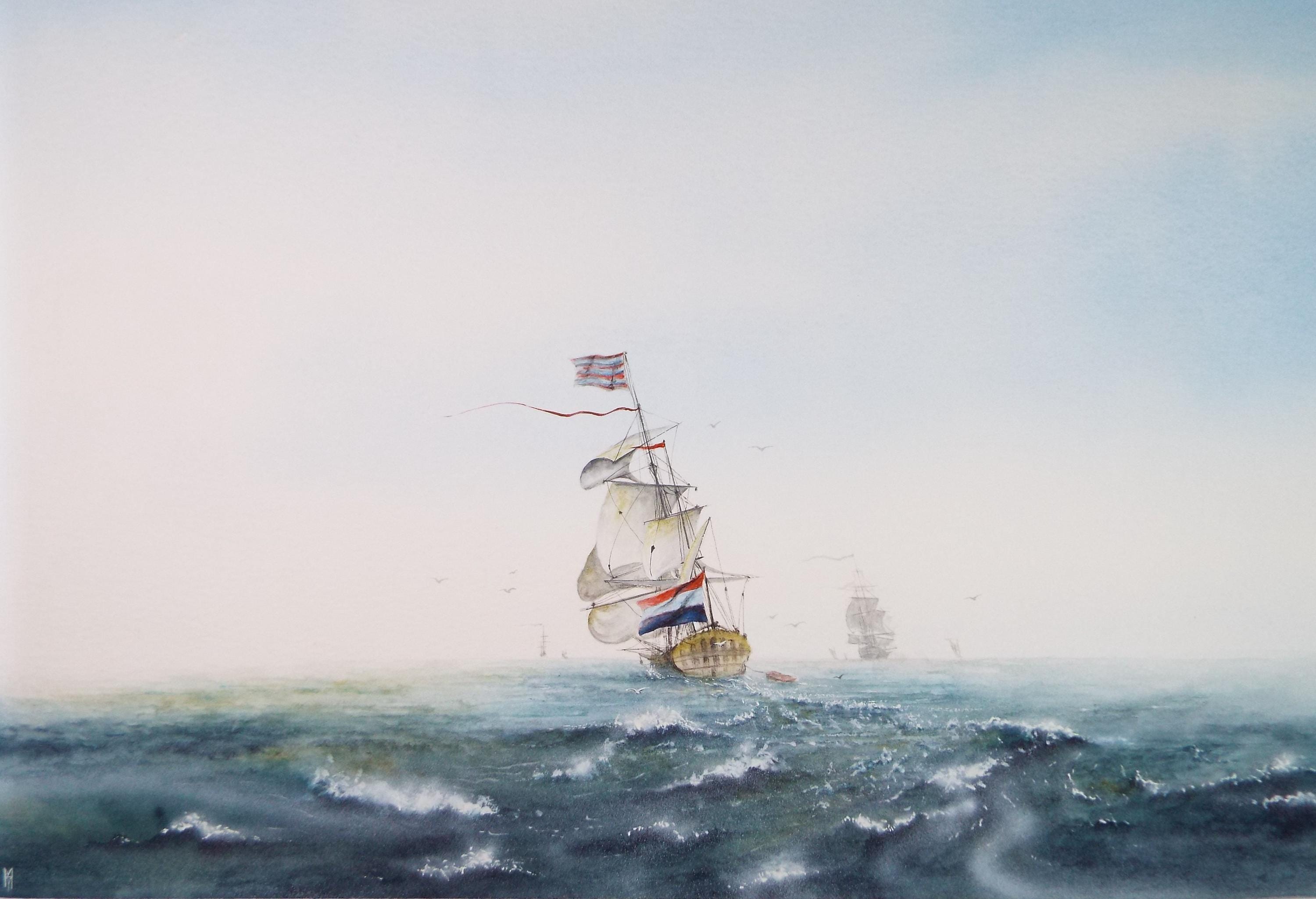Original Watercolour, 'French Frigate' Dated 1986, Matthew Harvey