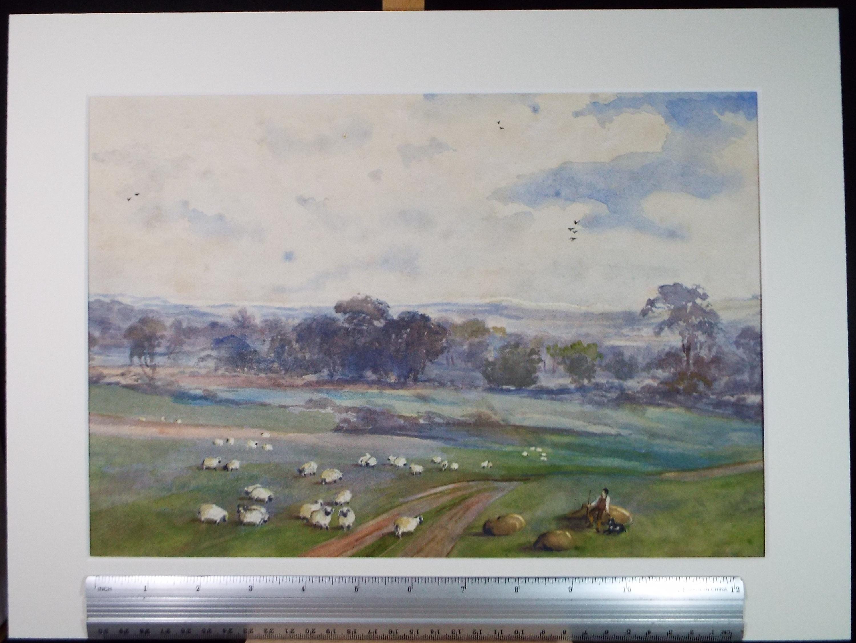 Original Watercolour, 'Sheep with Shepherd & Dog', Late 20th Century, Unknown artist