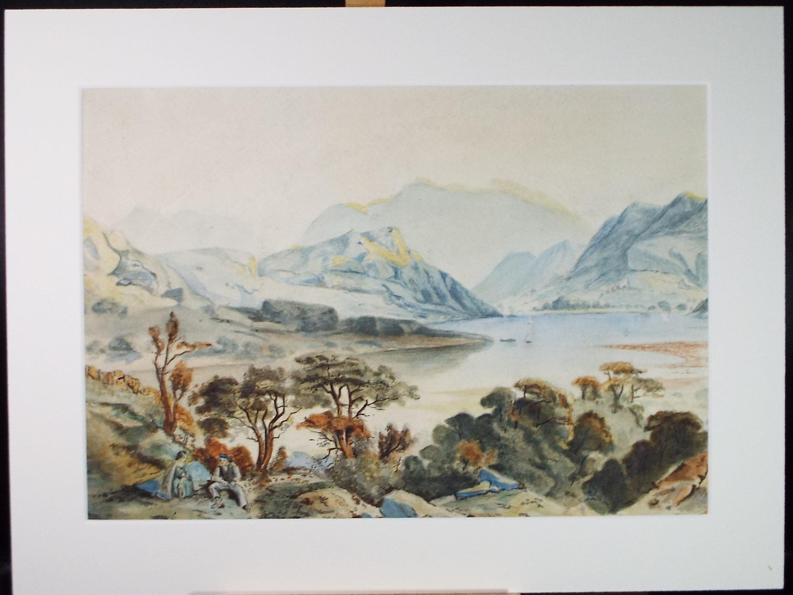 Original Watercolour, 'Lake with figures', Late 19th Century, Artist unknown