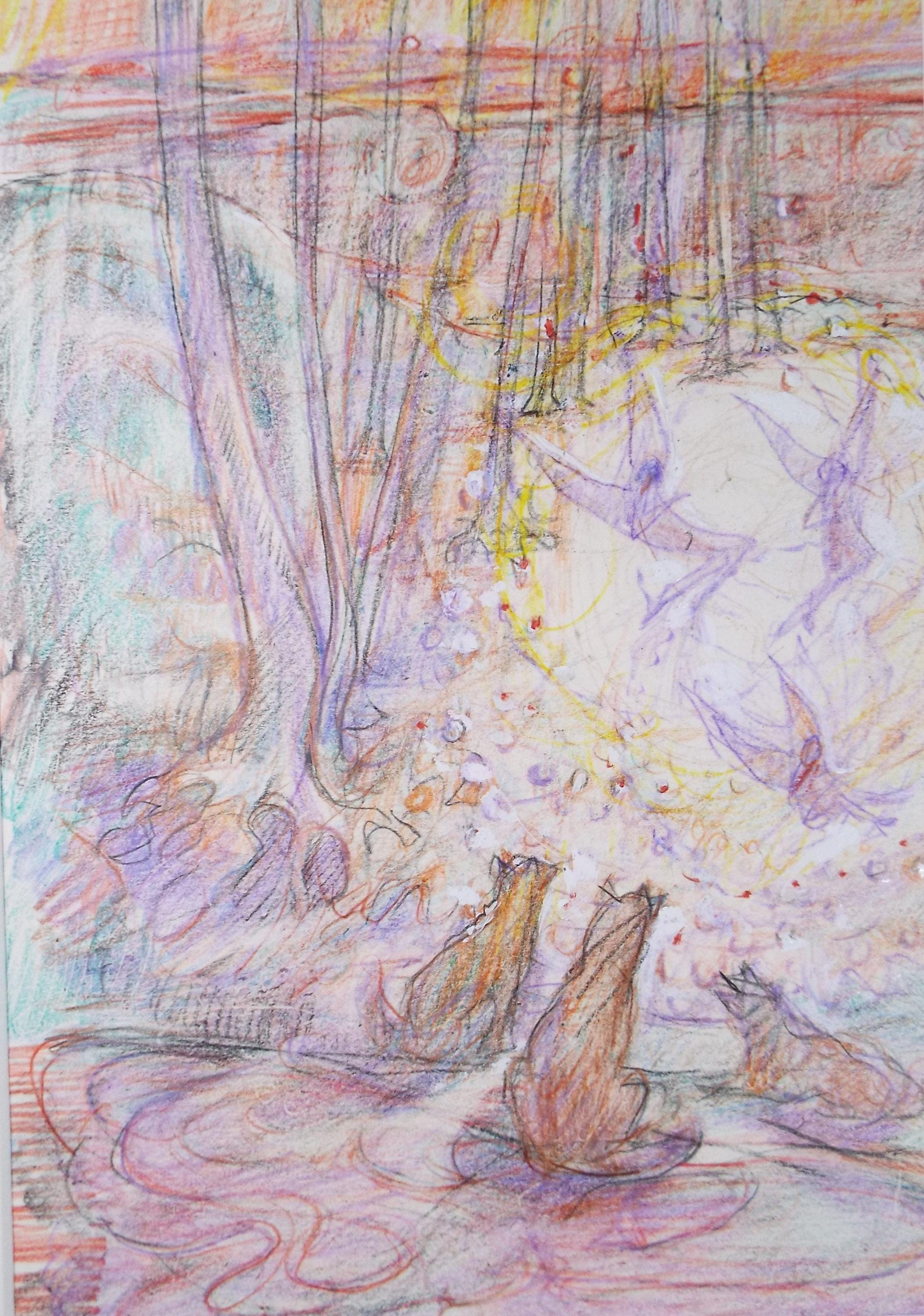 Original coloured pencil & Gouache,'Fairies in the Glade', 2005, John Gilbey Bowles (1929-2011)