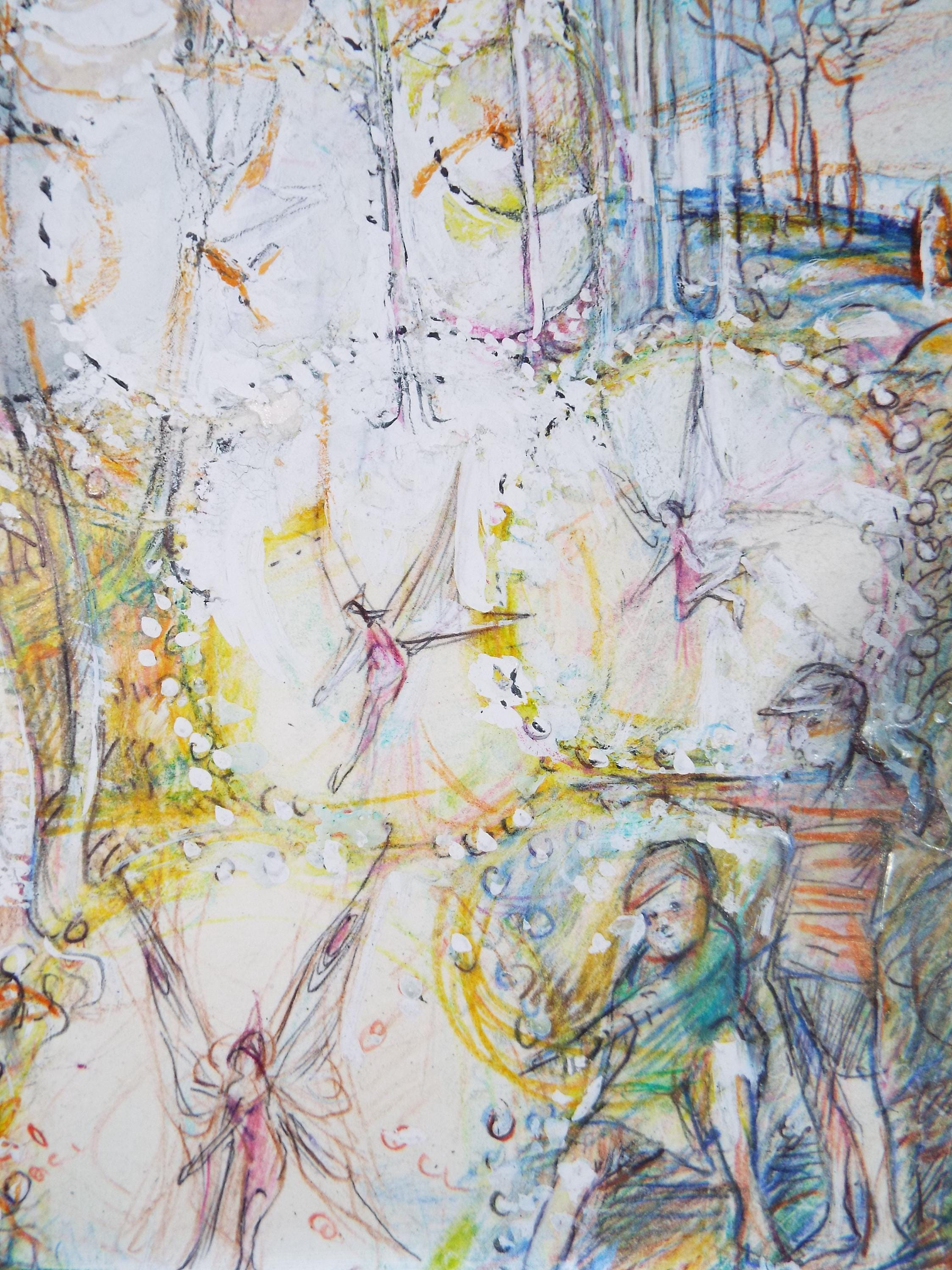 Original coloured pencil & Gouache,'Childen by a fairy pool', 2005, John Gilbey Bowles (1929-2011)