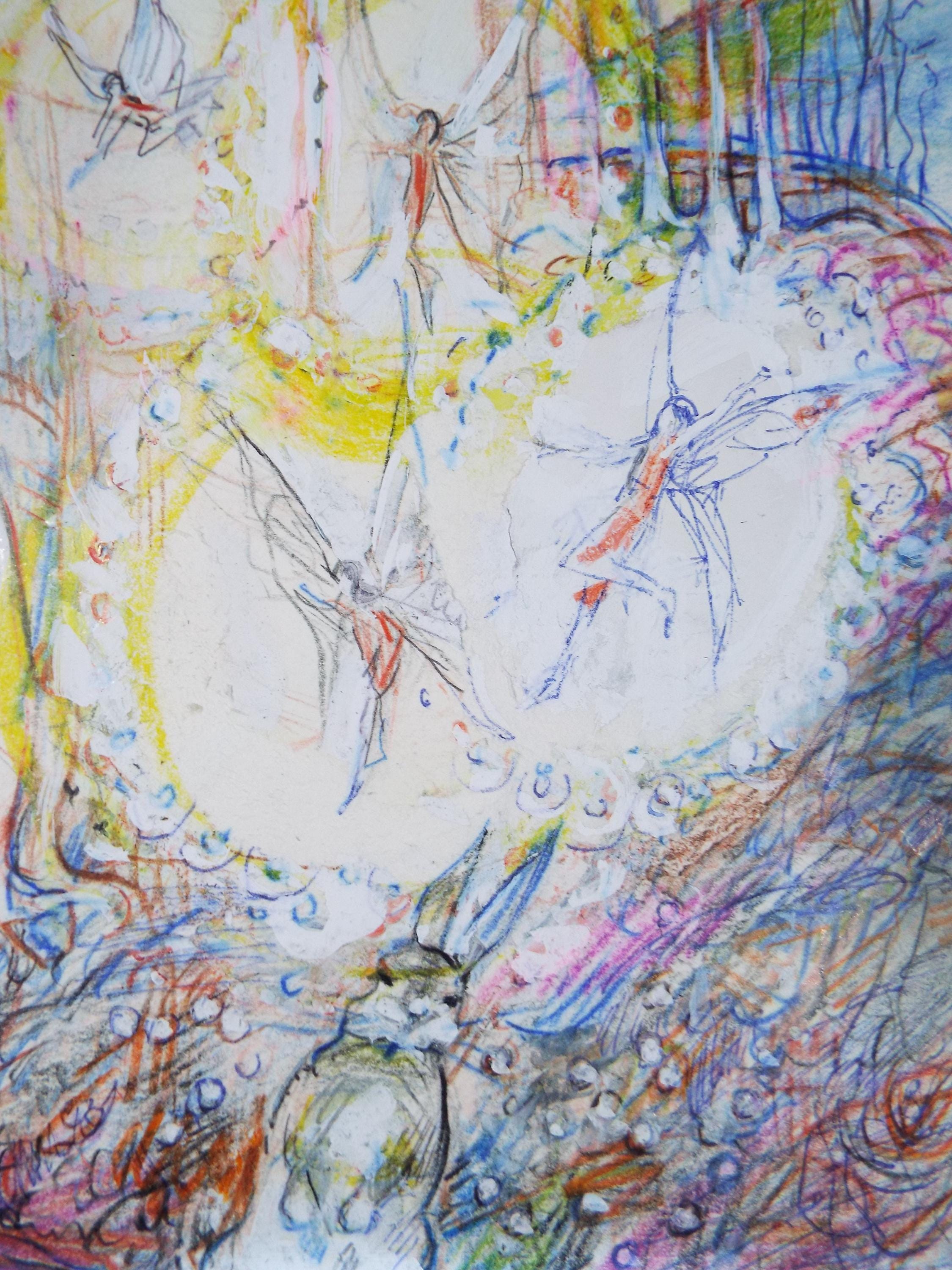 Original coloured pencil & Gouache,'Rabbit by a fairy pool', 2005, John Gilbey Bowles (1929-2011)