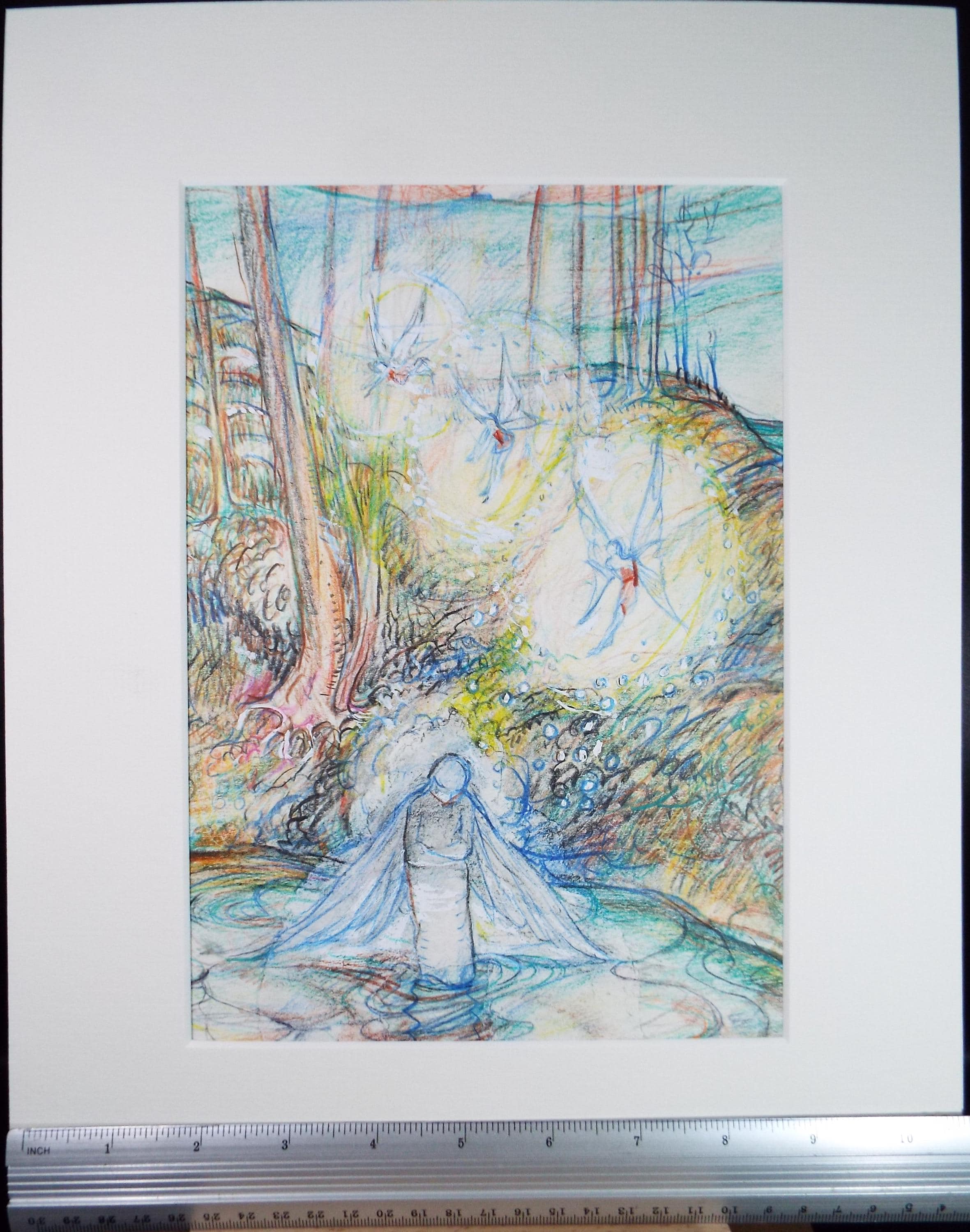 Original coloured pencil & Gouache,'Angel by a fairy pool', 2005, John Gilbey Bowles (1929-2011)