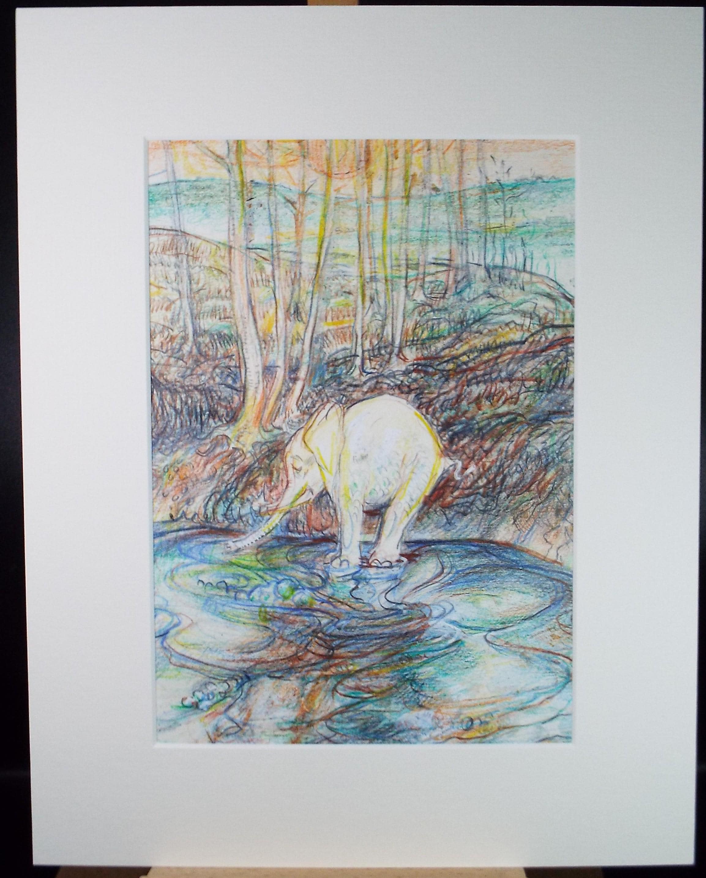 Original coloured pencil ,'Elephant in a pool', 2005, John Gilbey Bowles (1929-2011)