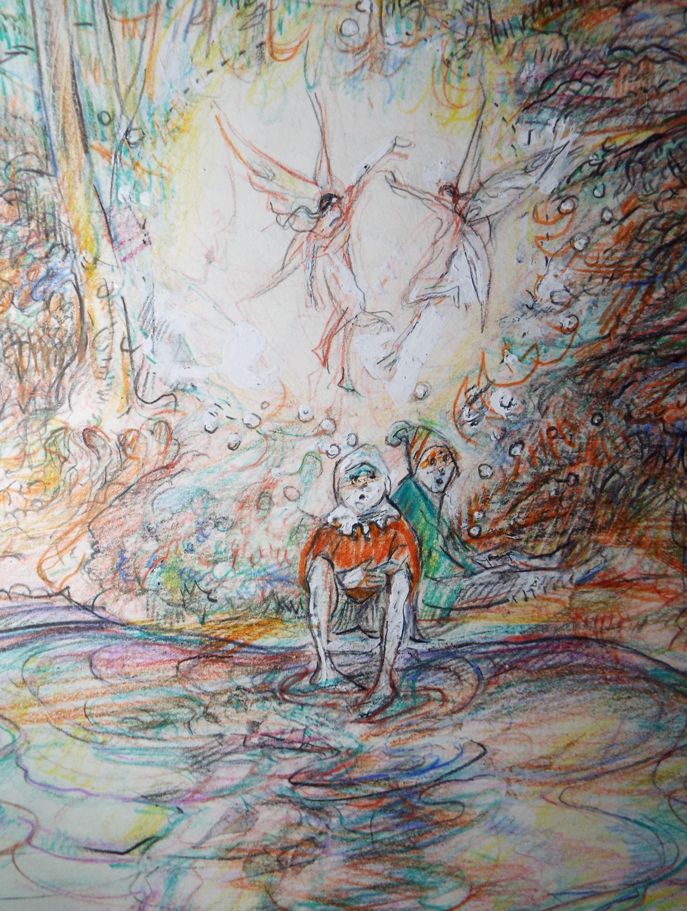 Original coloured pencil & Gouache,'Childen by a fairy pool', 2005, John Gilbey Bowles (1929-2011)