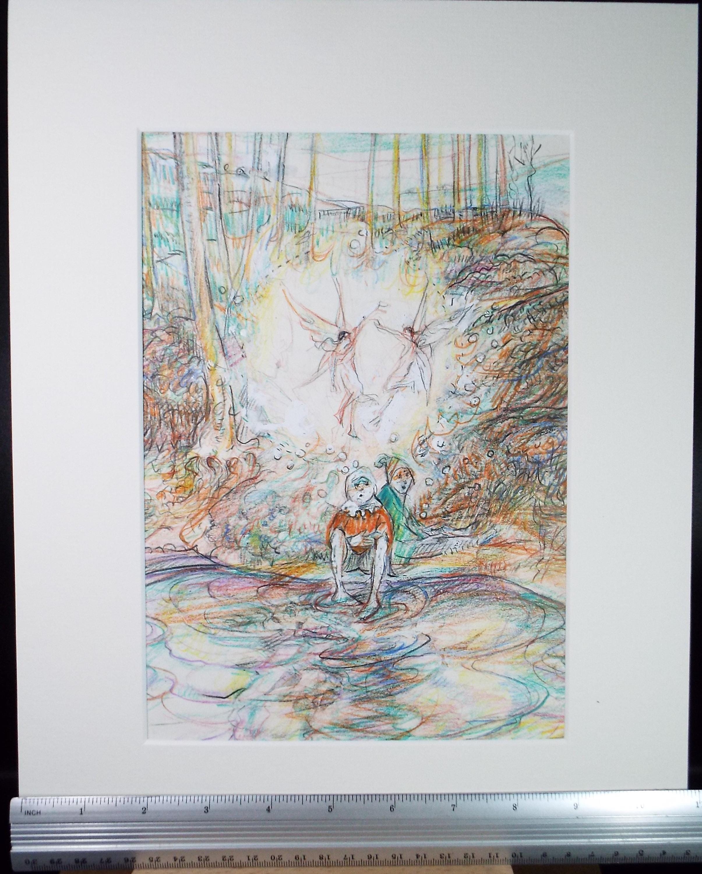 Original coloured pencil & Gouache,'Childen by a fairy pool', 2005, John Gilbey Bowles (1929-2011)