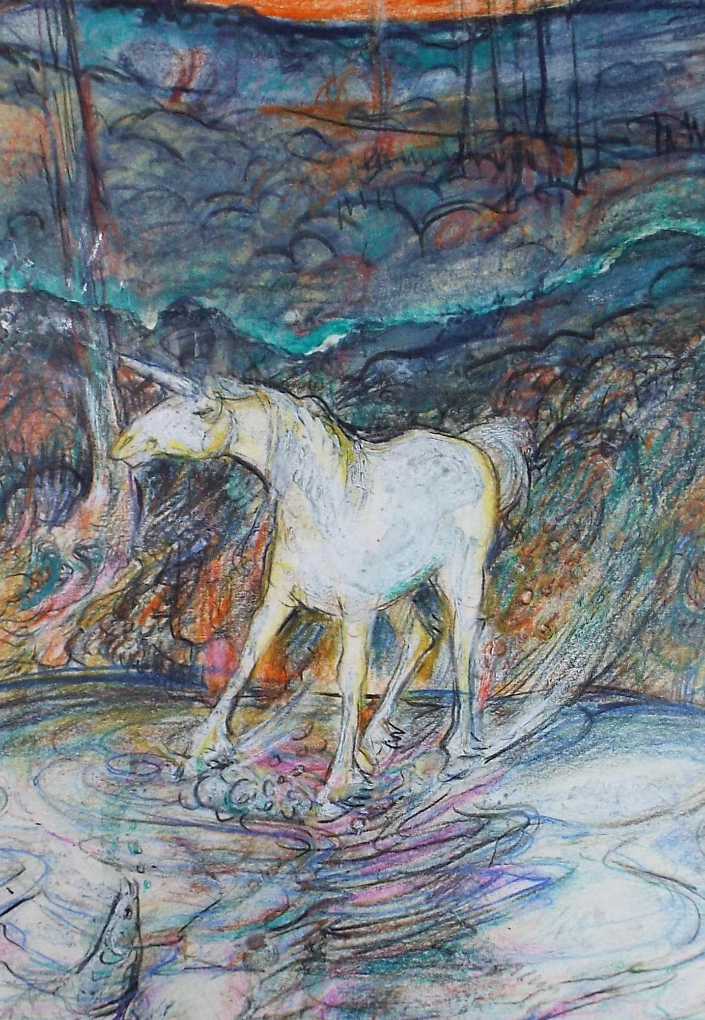 Original coloured pencil & Gouache,'Unicorn in a Pool', 2005, John Gilbey Bowles (1929-2011)