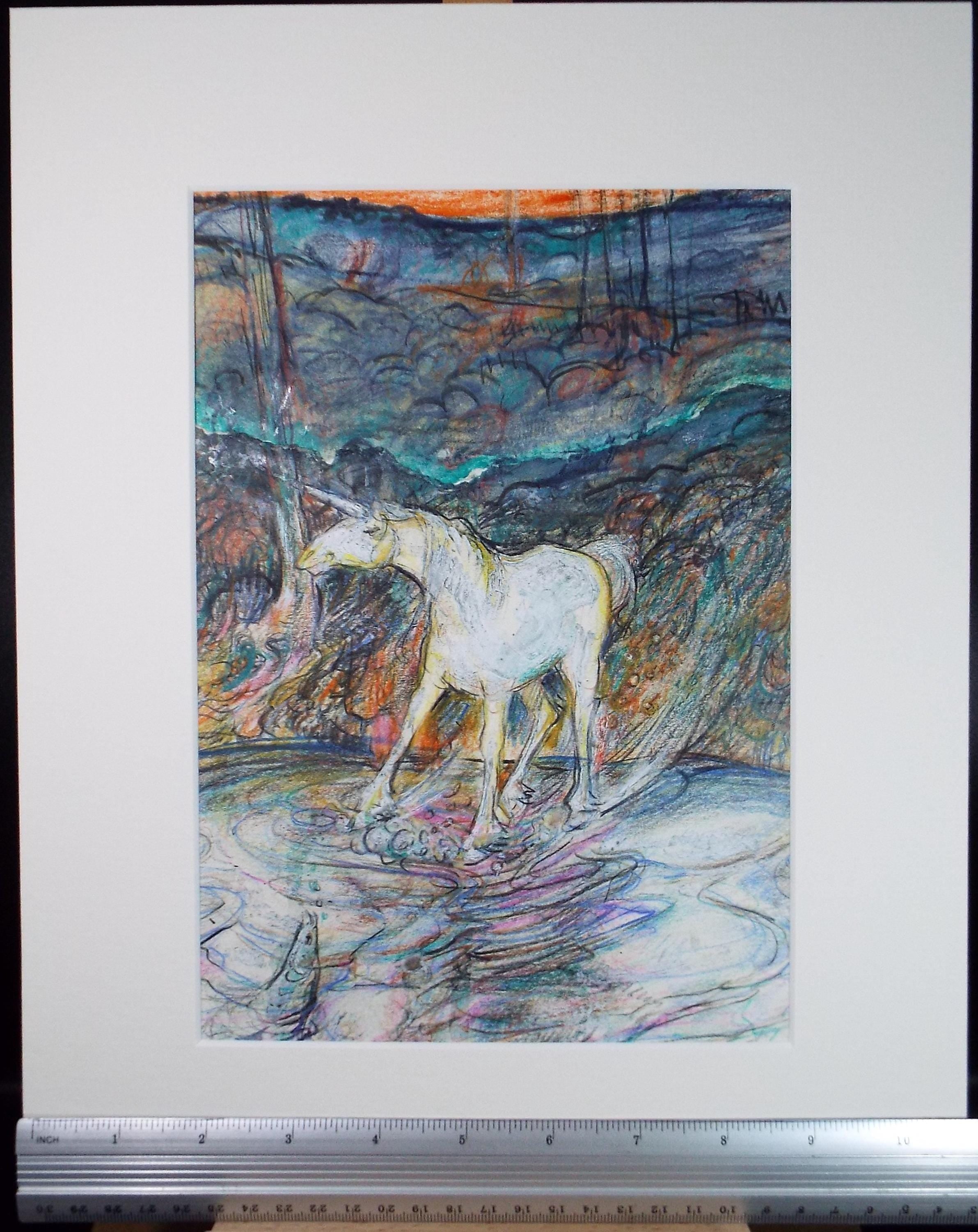 Original coloured pencil & Gouache,'Unicorn in a Pool', 2005, John Gilbey Bowles (1929-2011)
