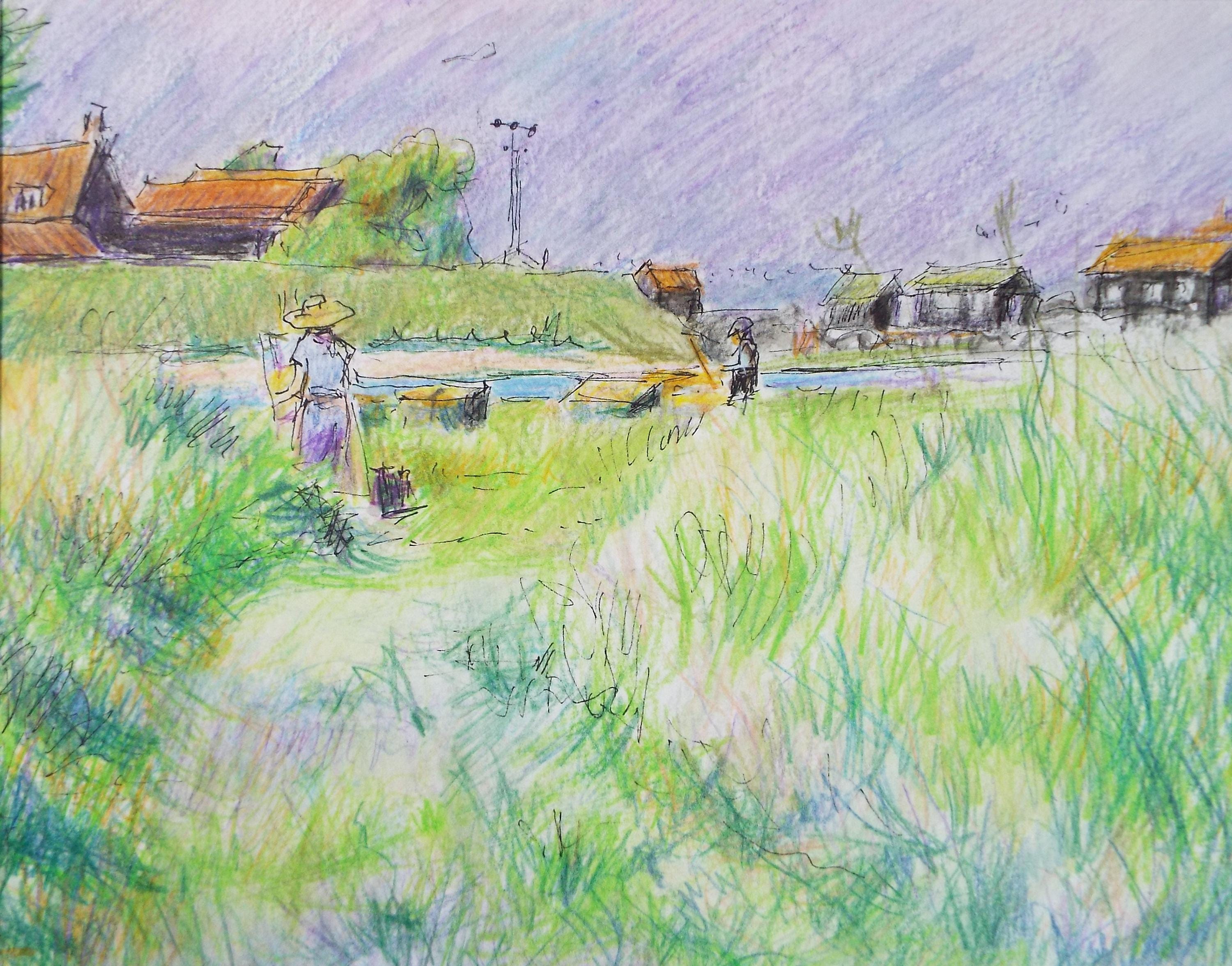 Coloured Pencil drawing 'Working the Land', Pauline Plummer (b1933), Circa 1990's