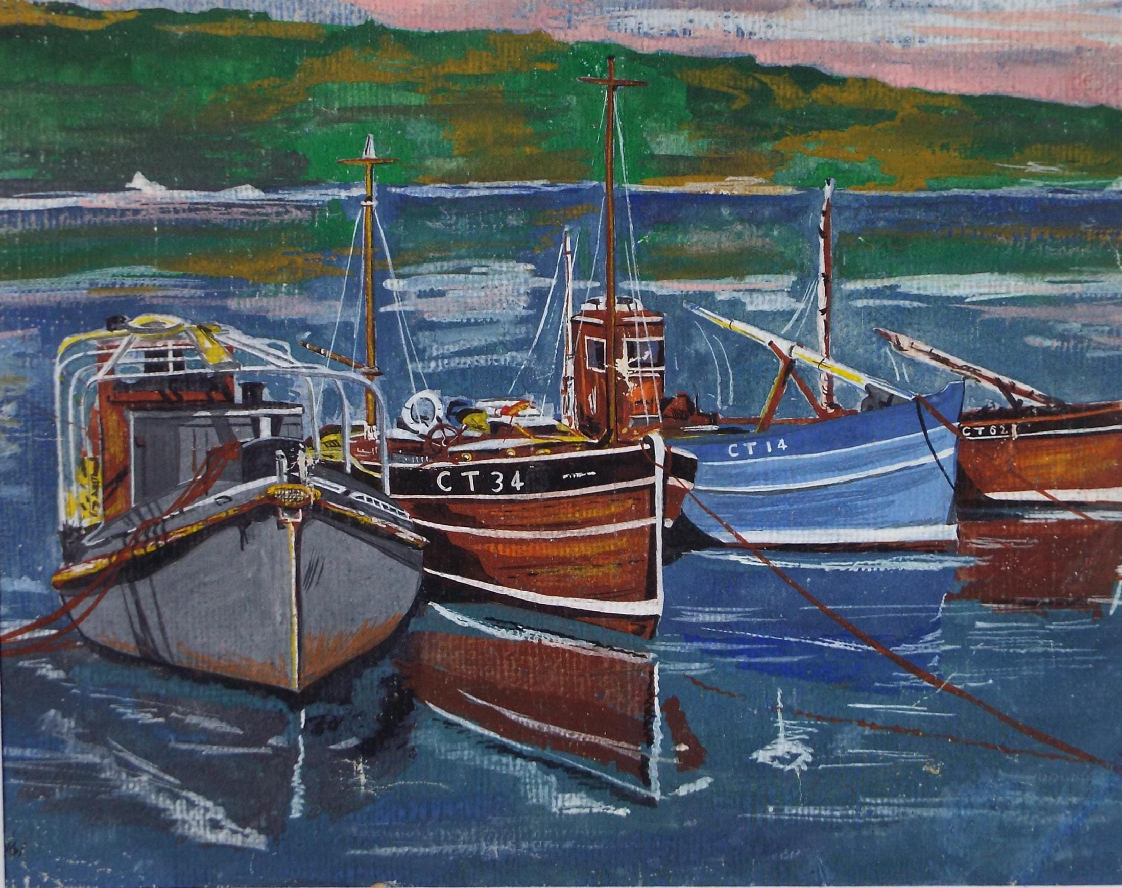 Original Watercolour & Gouache, 'Moored Fishing Boats', Dated 1961, Unknown Artist