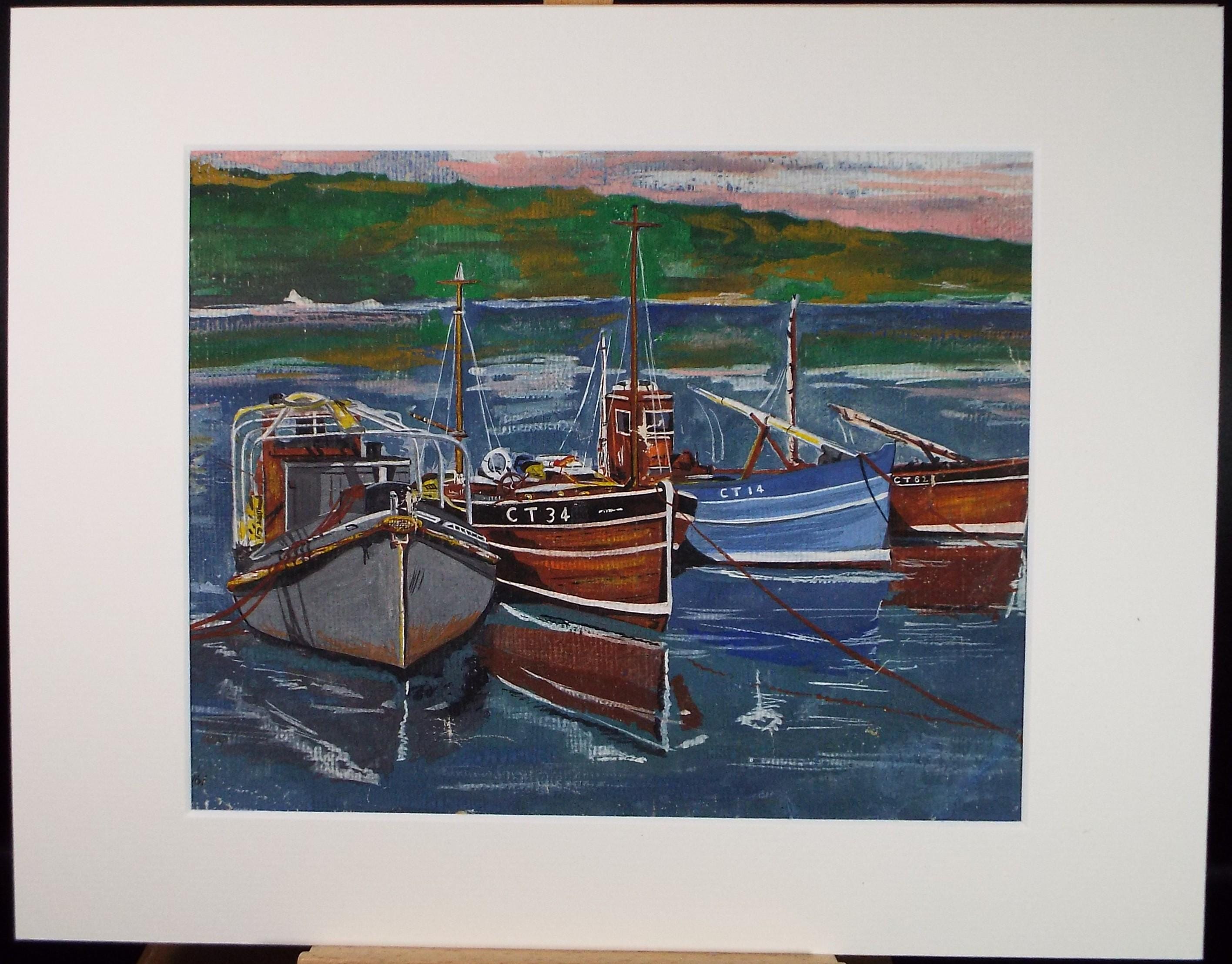 Original Watercolour & Gouache, 'Moored Fishing Boats', Dated 1961, Unknown Artist
