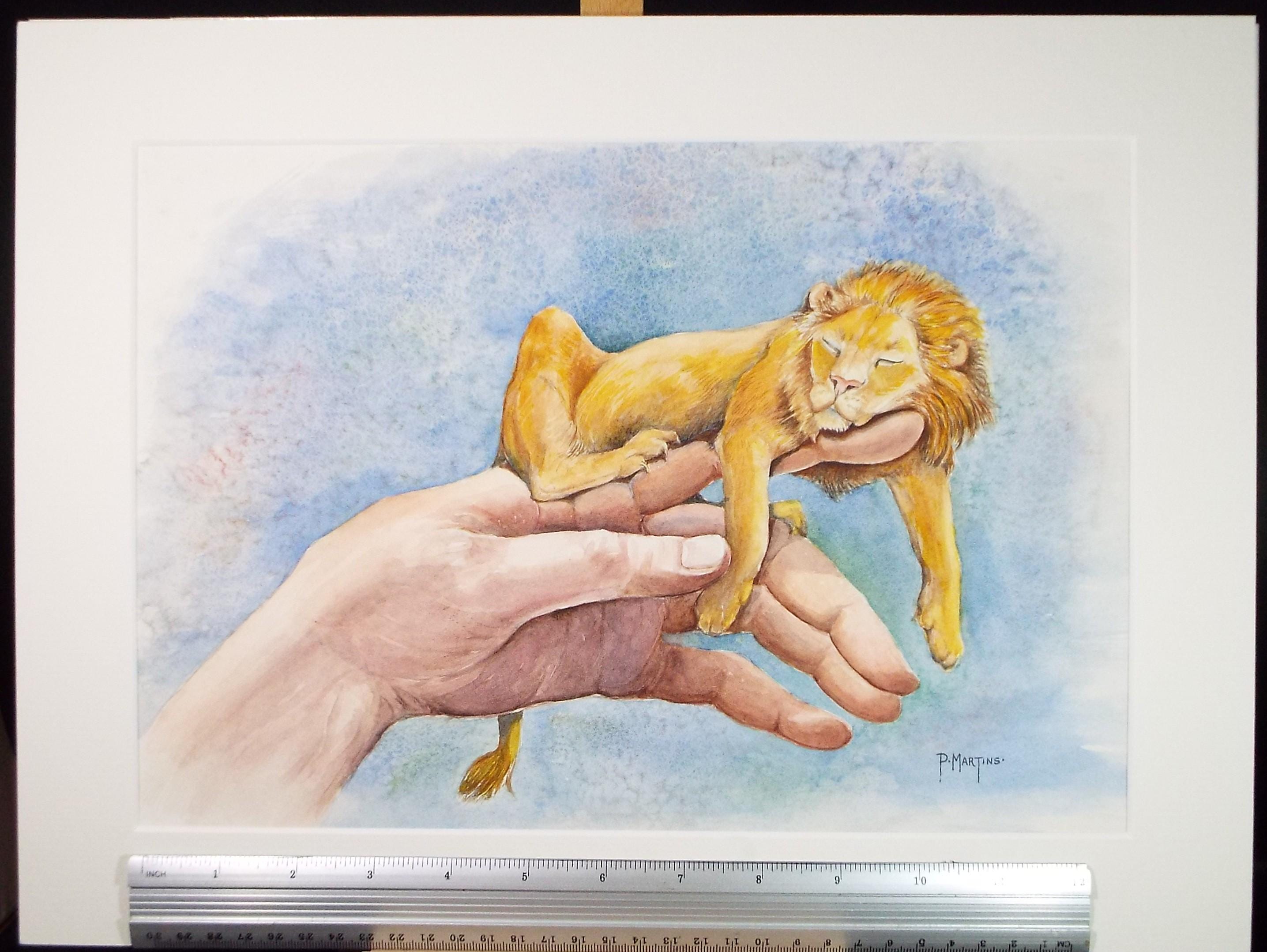 Watercolour painting, 'Little Lion', P Martins s.o.f.a., Dated 2002