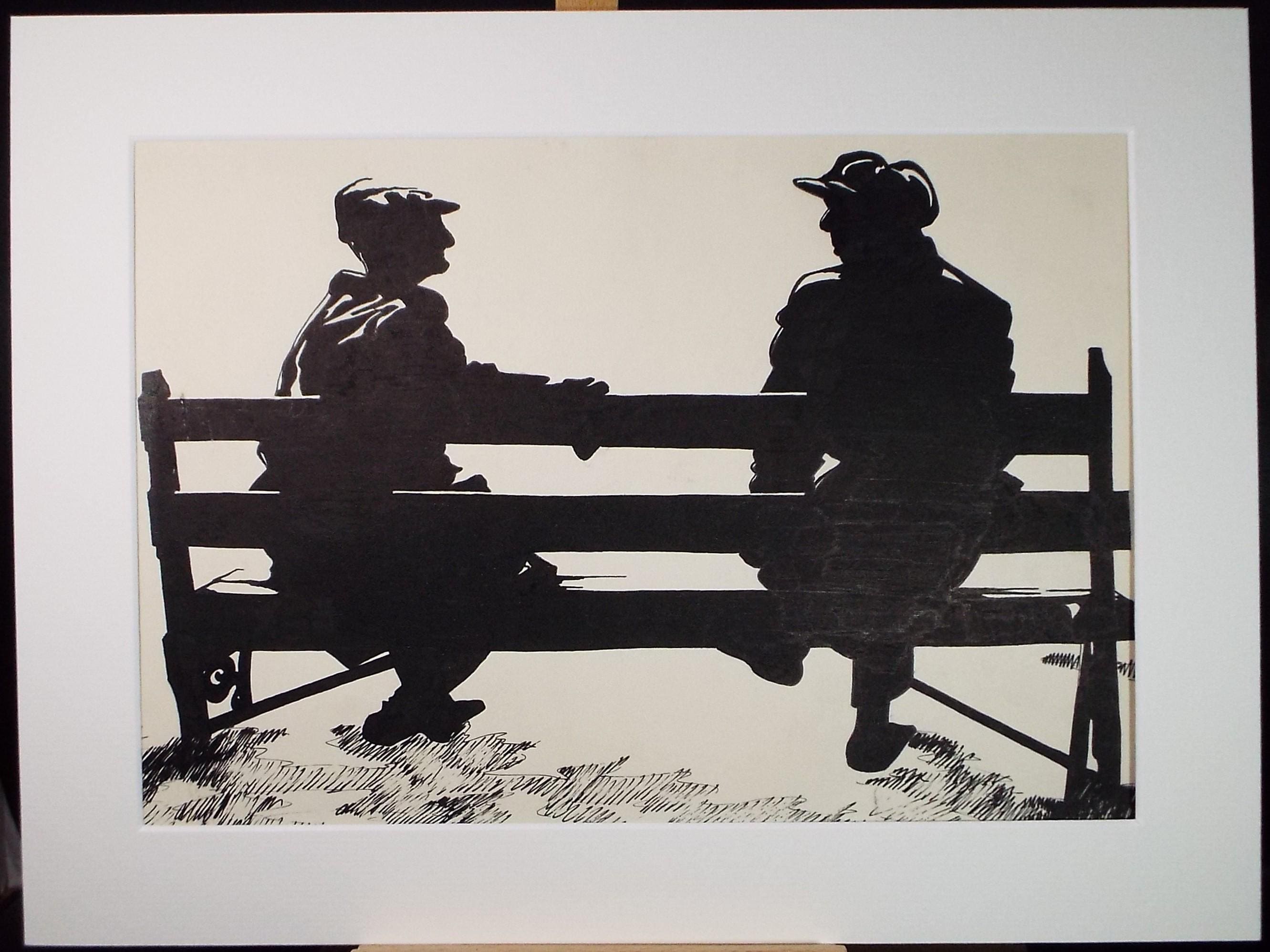 Original Watercolour, 'Two men on a bench - Silhouette', unknown artist, Circa 1970's