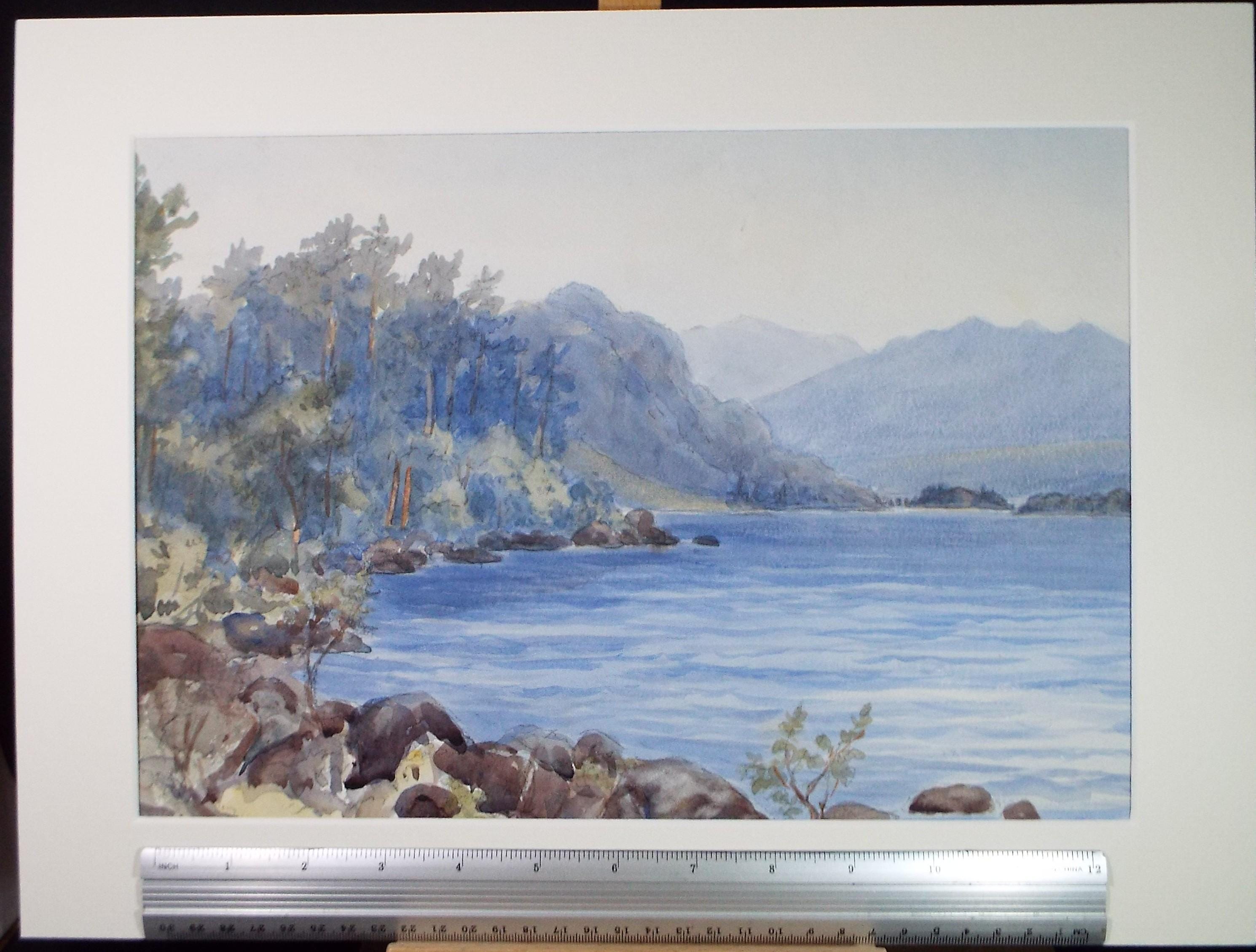 Original Watercolour, 'Lake scene in blue', c1950's, Unknown Artist
