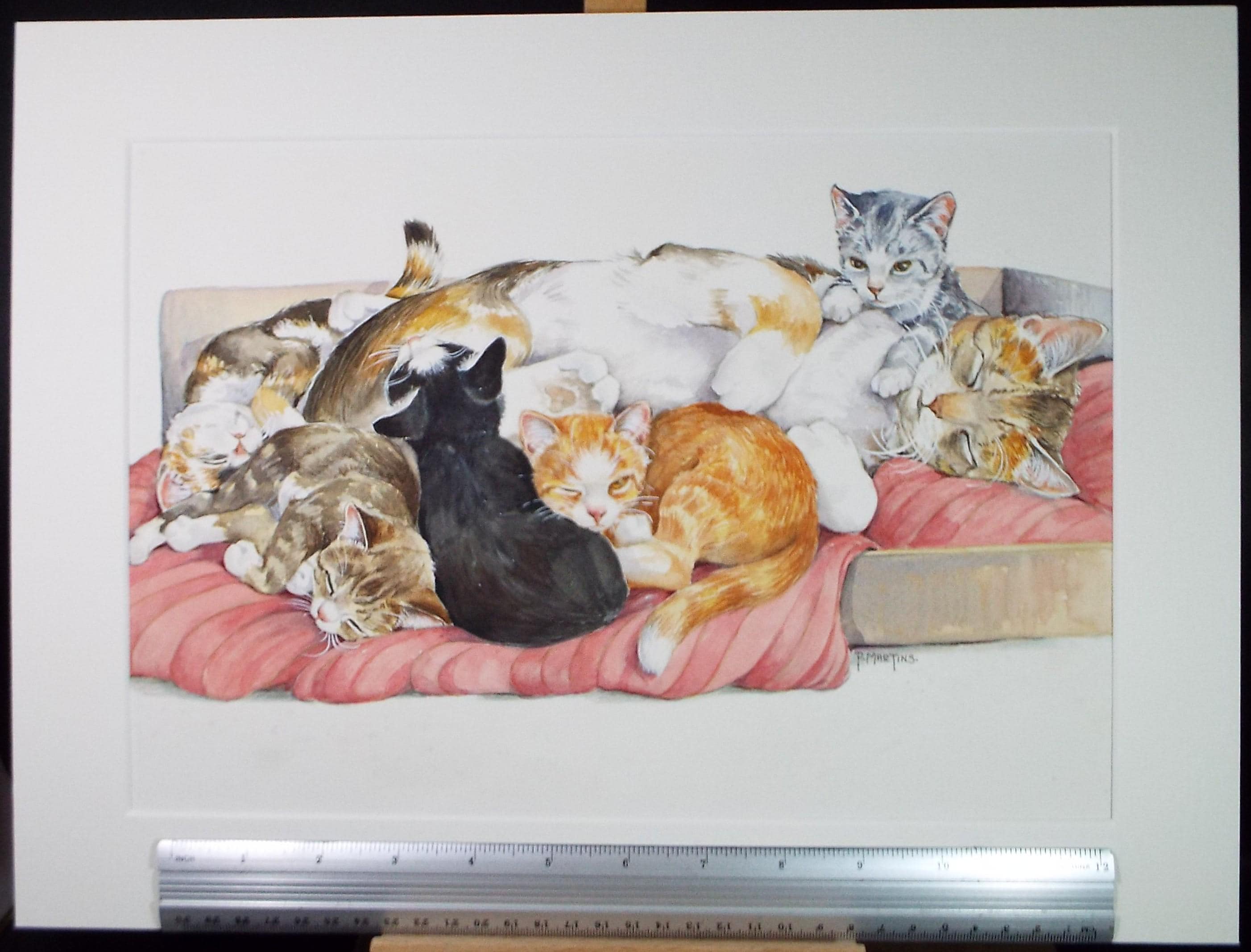 Original Watercolour, 'Mother and kittens',P Martins s.o.f .a, Circa 1990's
