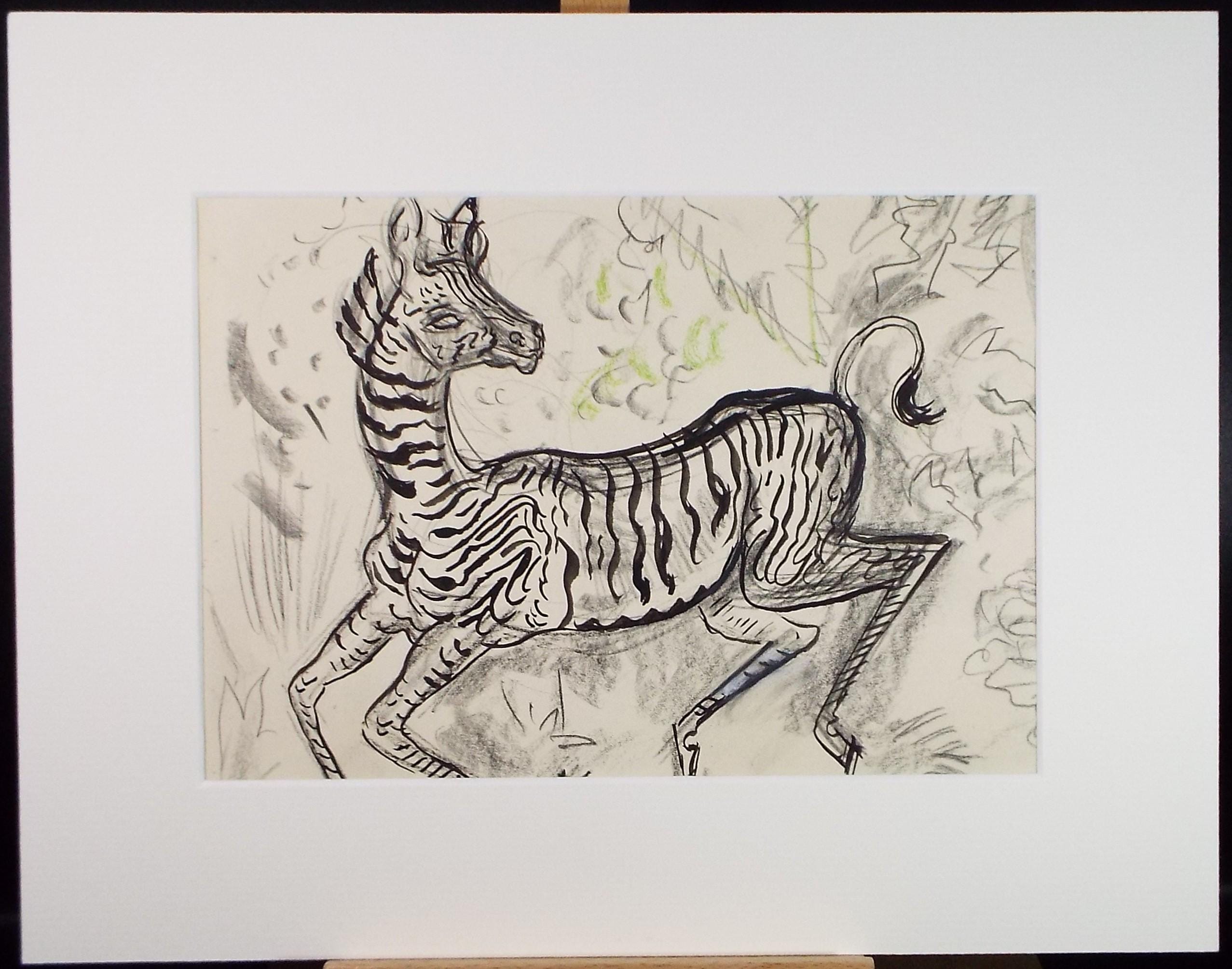 Original Conte & Ink Drawing, 'Zebra', Dated 1950, Henry Saunders (1918-1982)