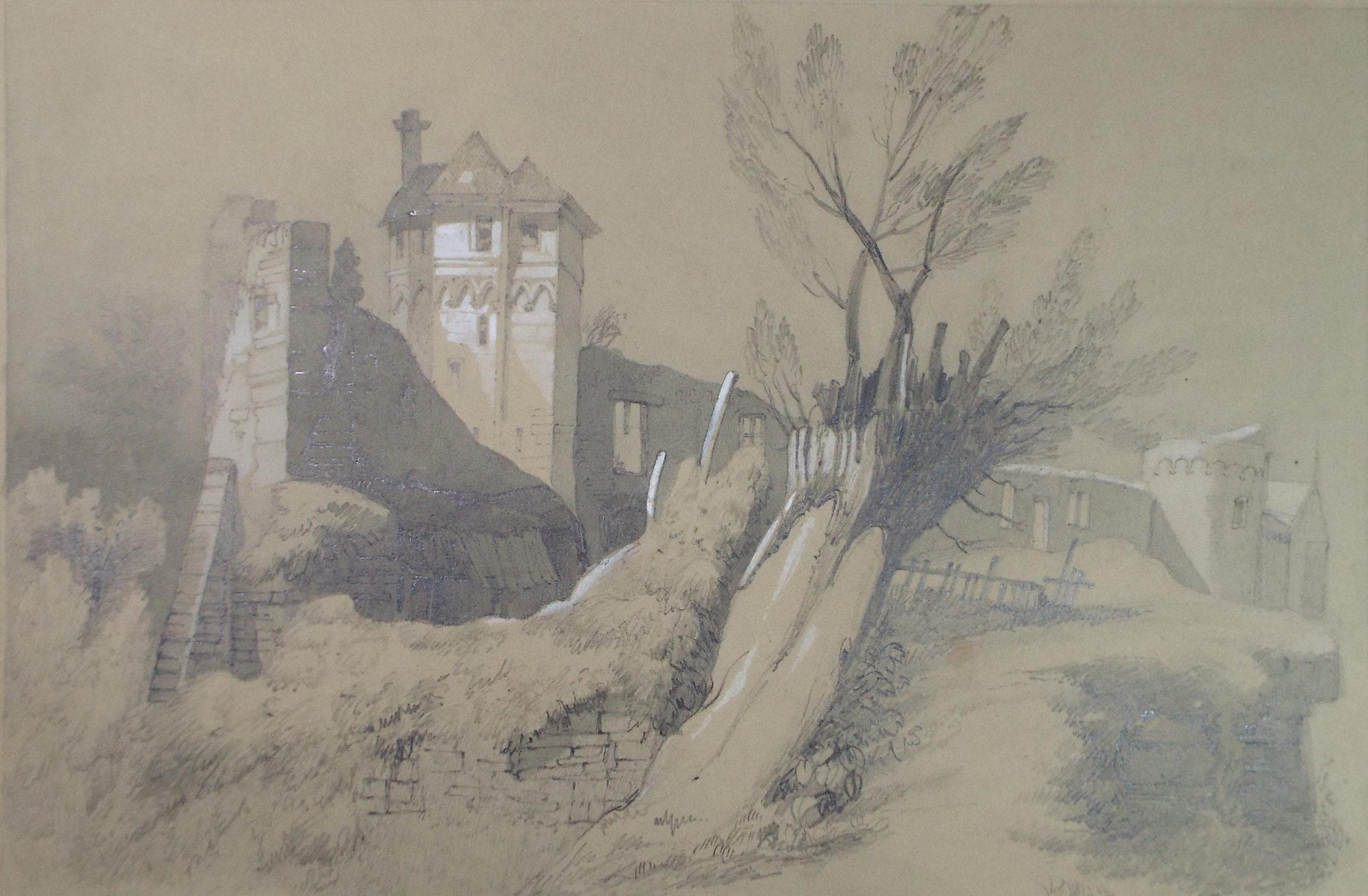 Original Pencil Drawing, 'Ruined Palace', Late 19th Century, Artist Unknown