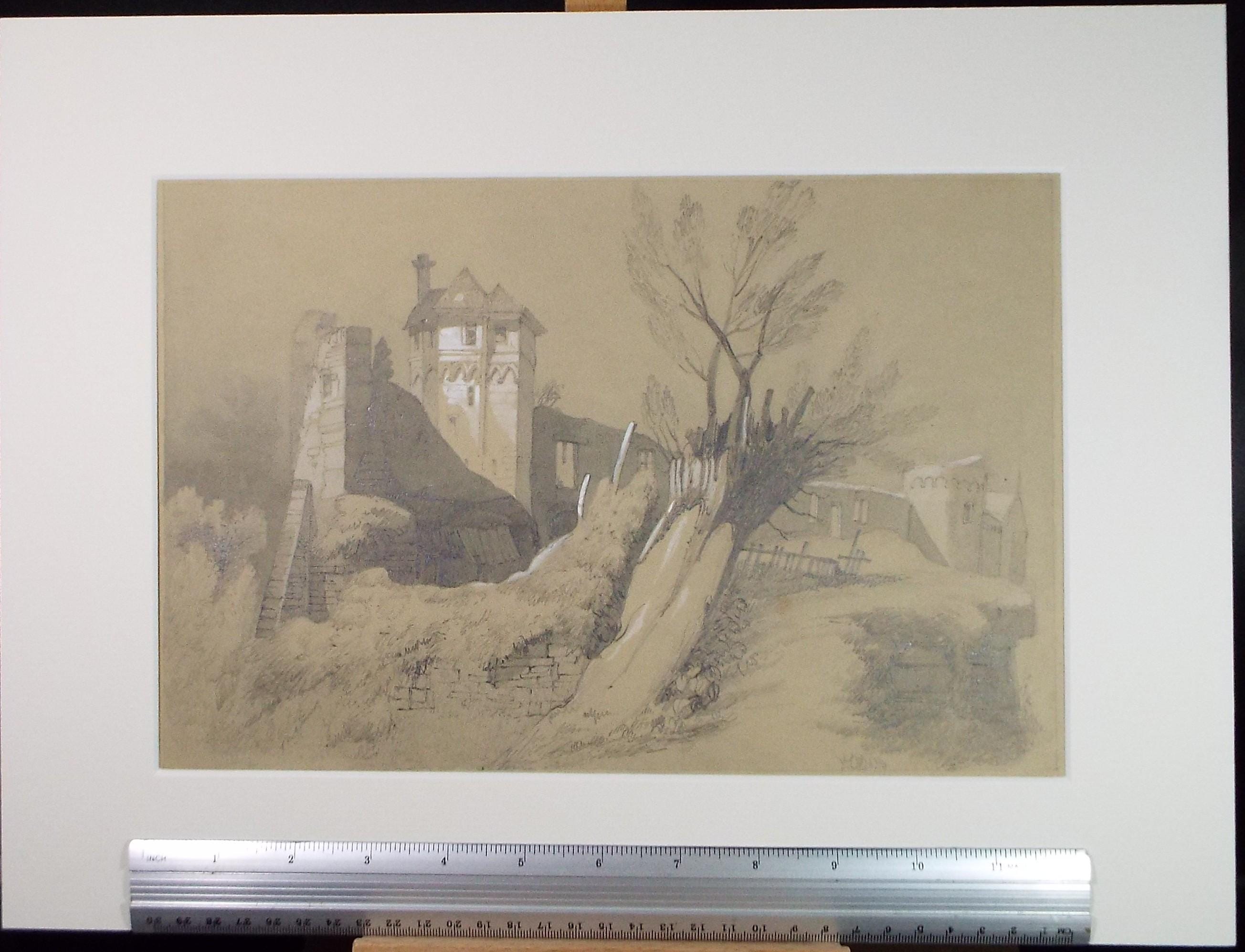 Original Pencil Drawing, 'Ruined Palace', Late 19th Century, Artist Unknown