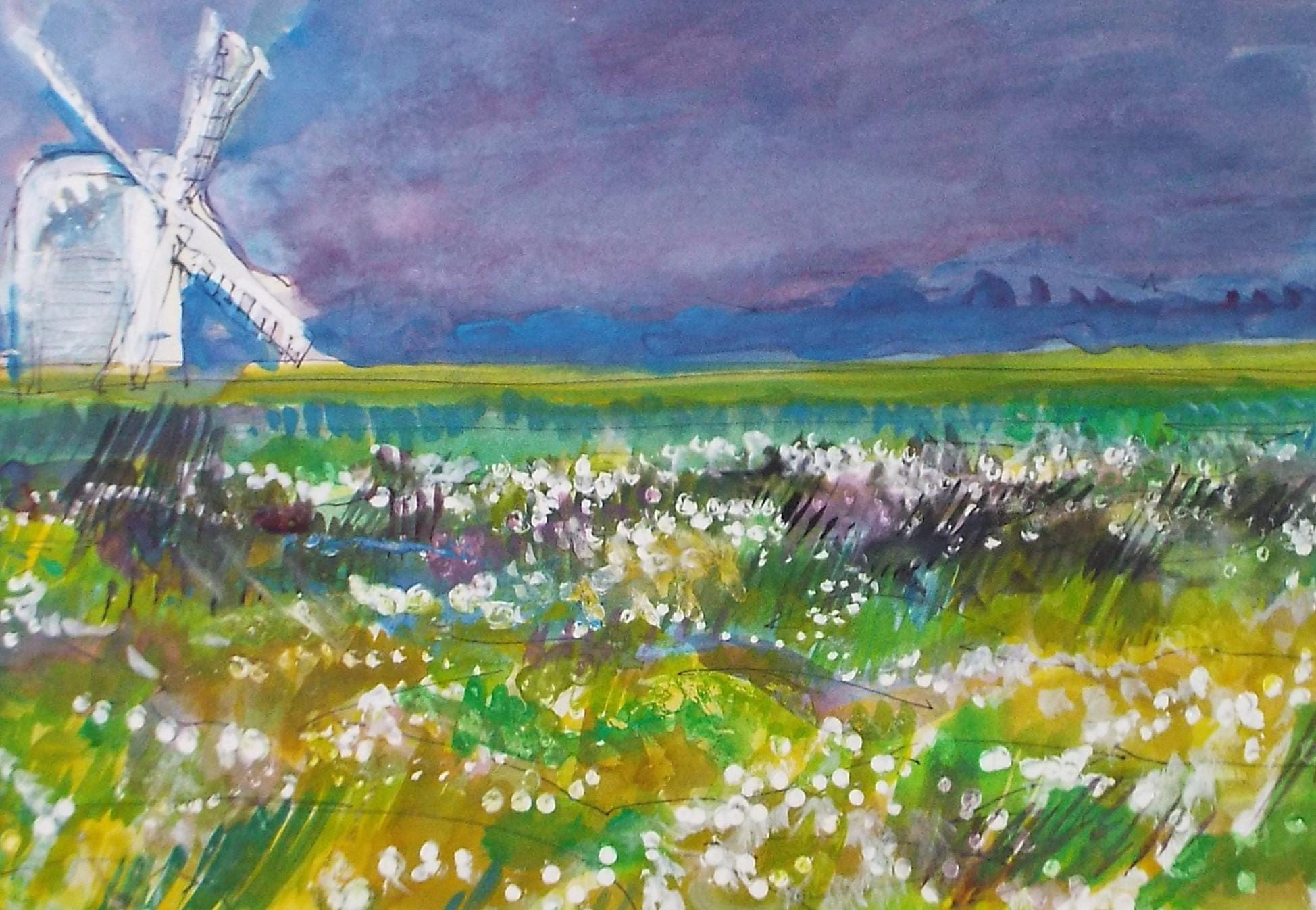 Original Watercolour & Gouache, 'Summer meadow with Windmill', John Gilbey Bowes (1929-2011), Circa 1990's