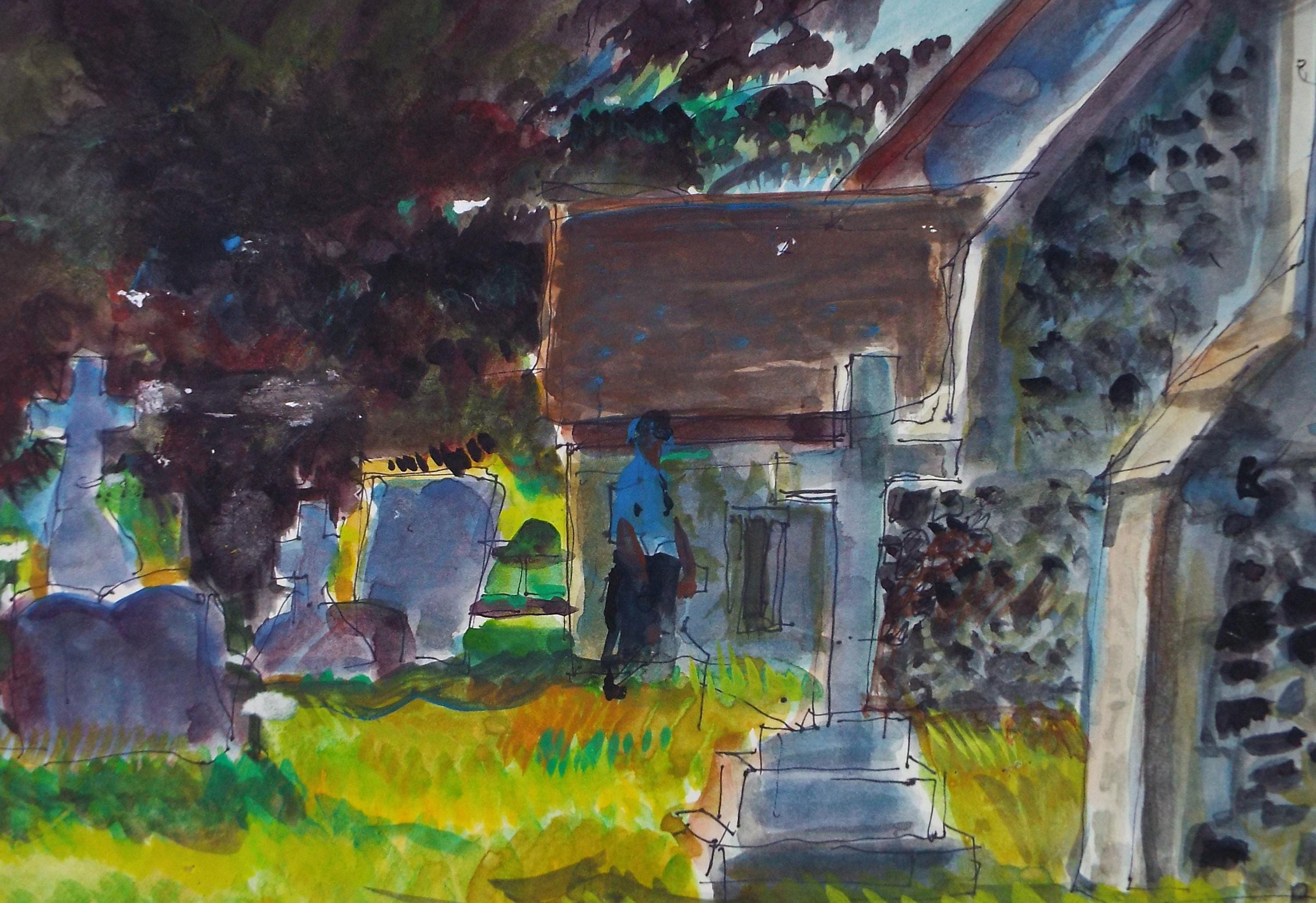Original Watercolour, 'figure in a grave yard', John Gilbey Bowes (1929-2011), Circa 1990's