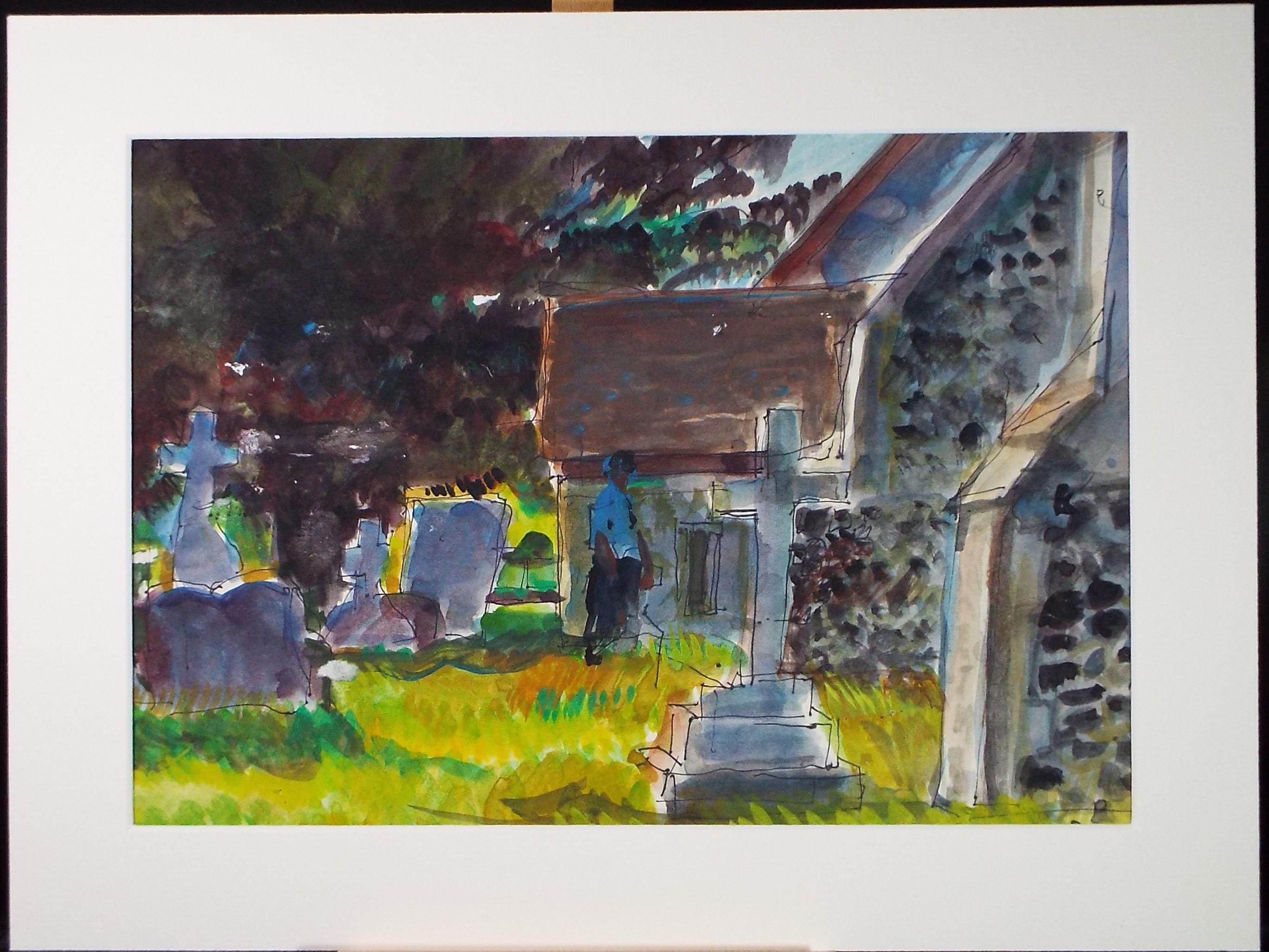 Original Watercolour, 'figure in a grave yard', John Gilbey Bowes (1929-2011), Circa 1990's