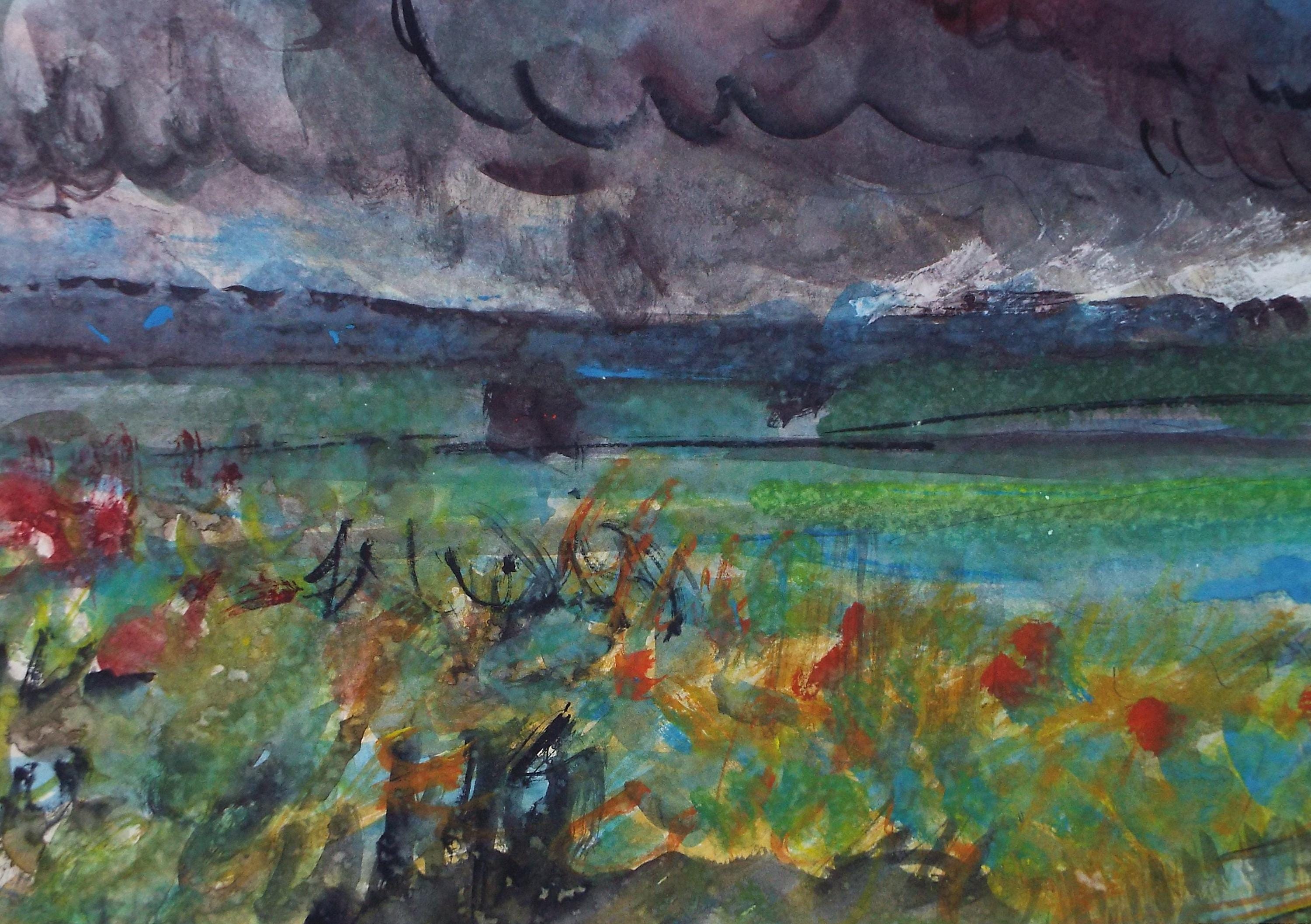 Original Watercolour, 'Fields below as stormy sky', John Gilbey Bowes (1929-2011), Circa 1990's