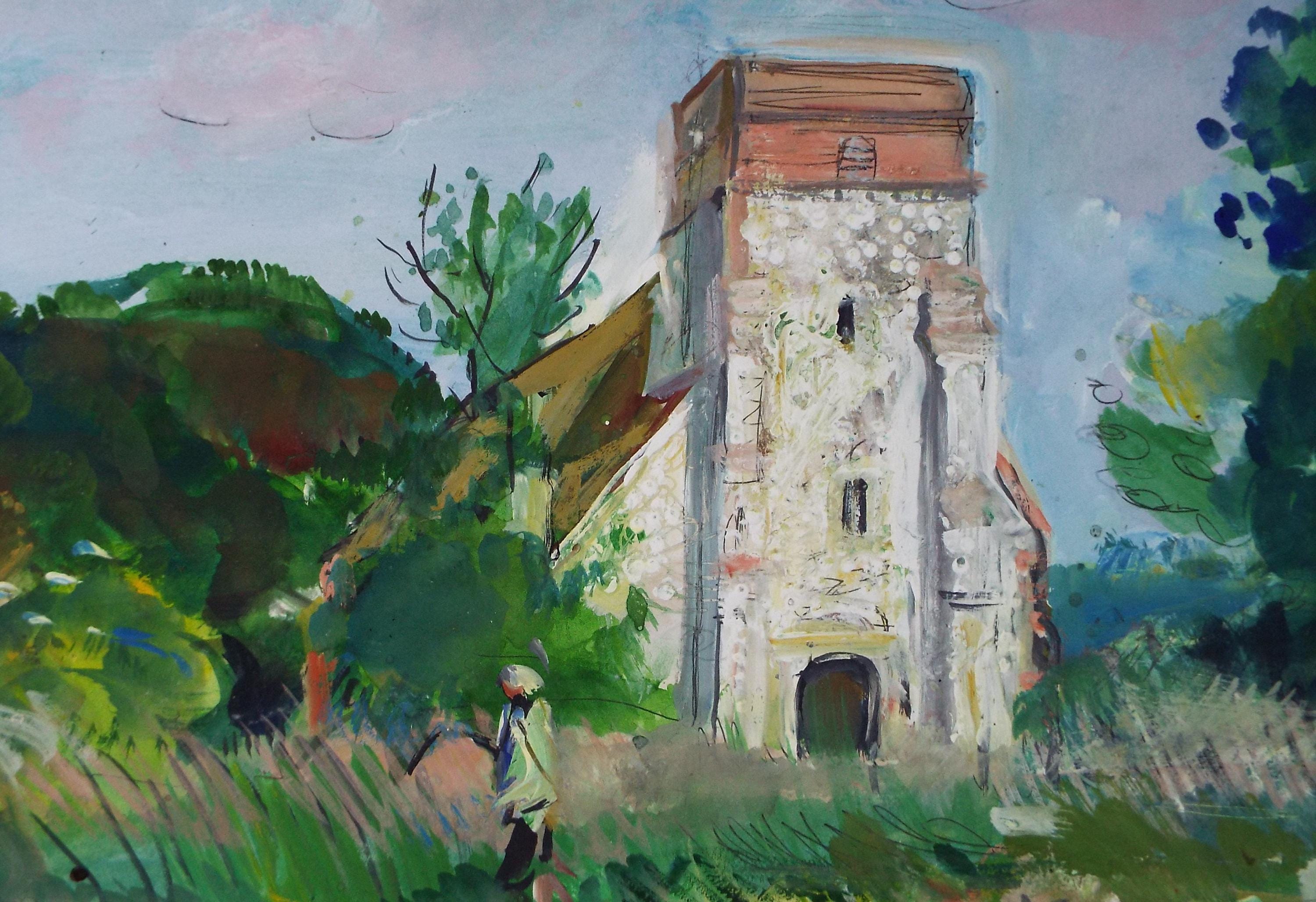 Watercolour and Gouache, 'Figure before a Church', John Gilbey Bowes (1929-2011), Circa 1990's