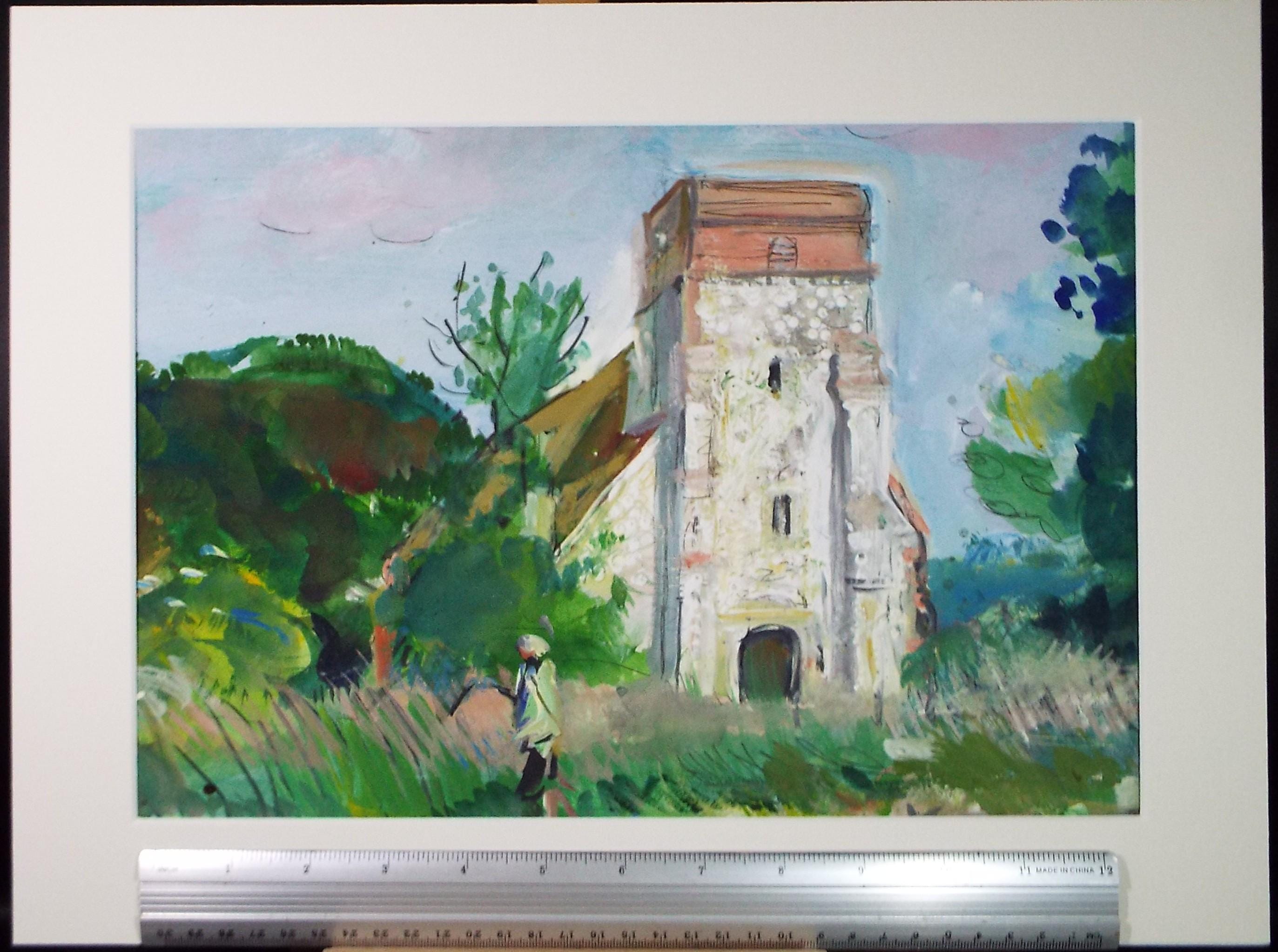 Watercolour and Gouache, 'Figure before a Church', John Gilbey Bowes (1929-2011), Circa 1990's