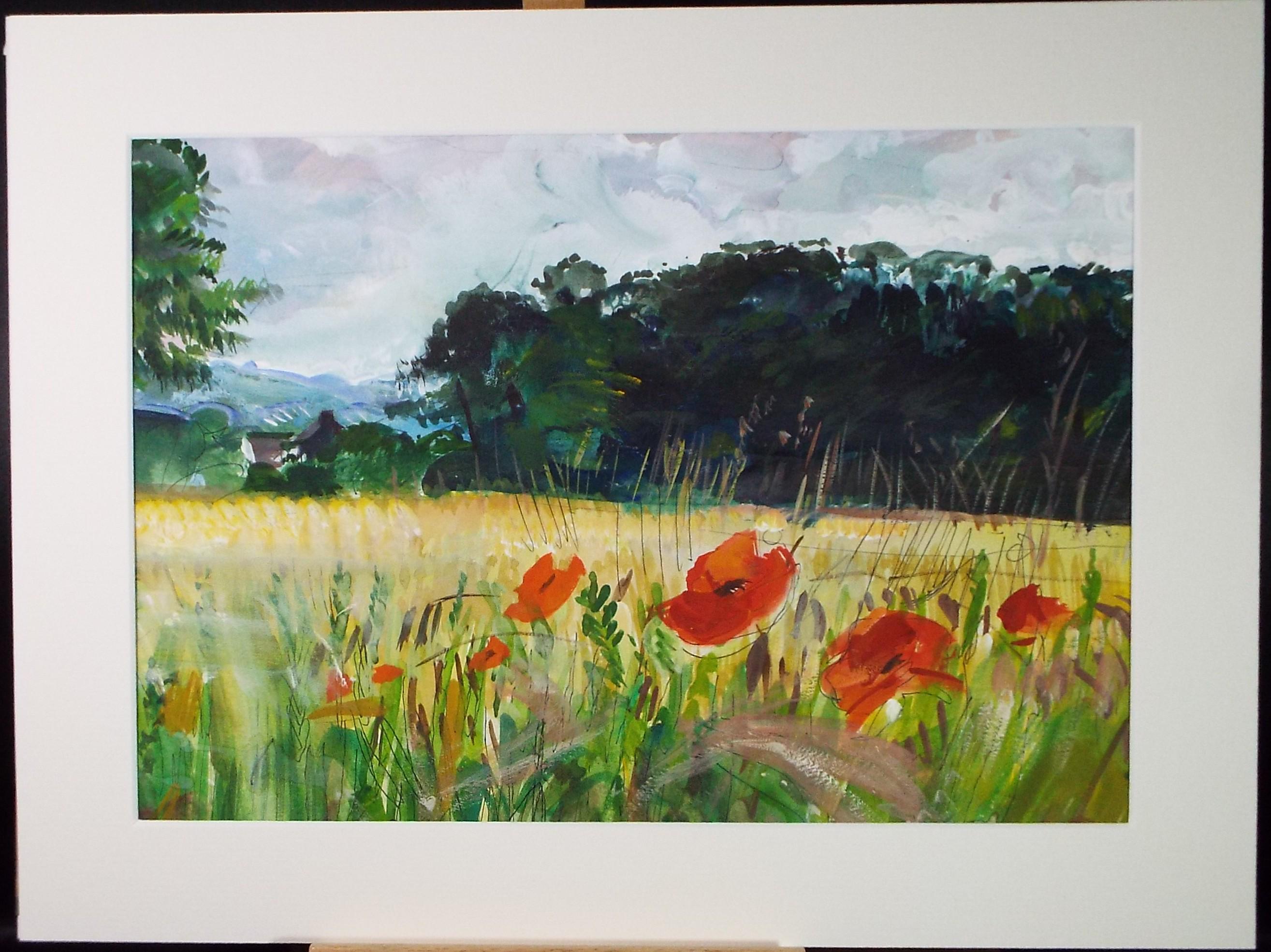 Watercolour and Gouache, 'Cornfield with poppies', John Gilbey Bowes (1929-2011), Circa 1990's