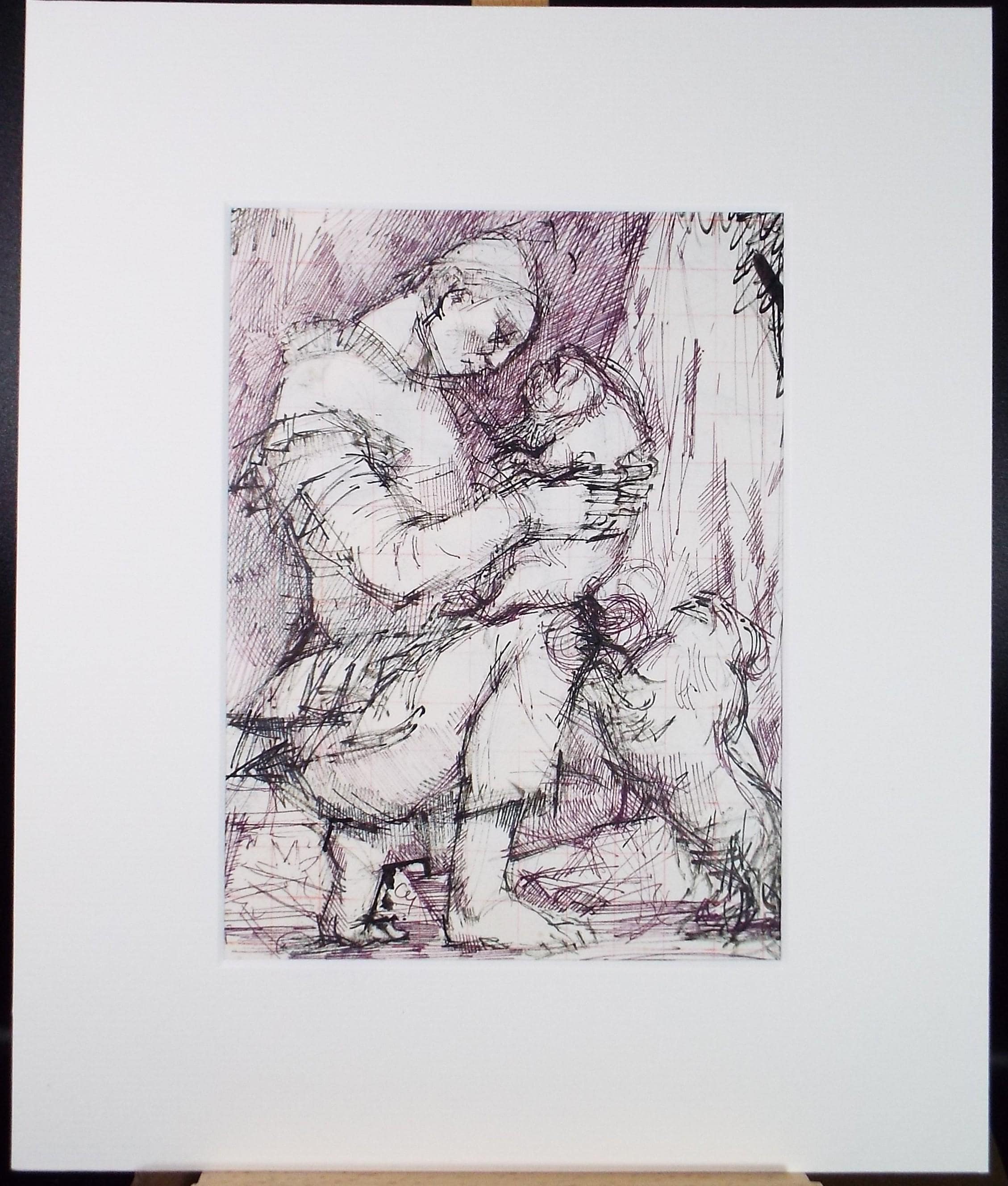 Original ink drawing, 'Figure with Dogs', c1990s,Alice Mary Fitzpayne (b.1928)