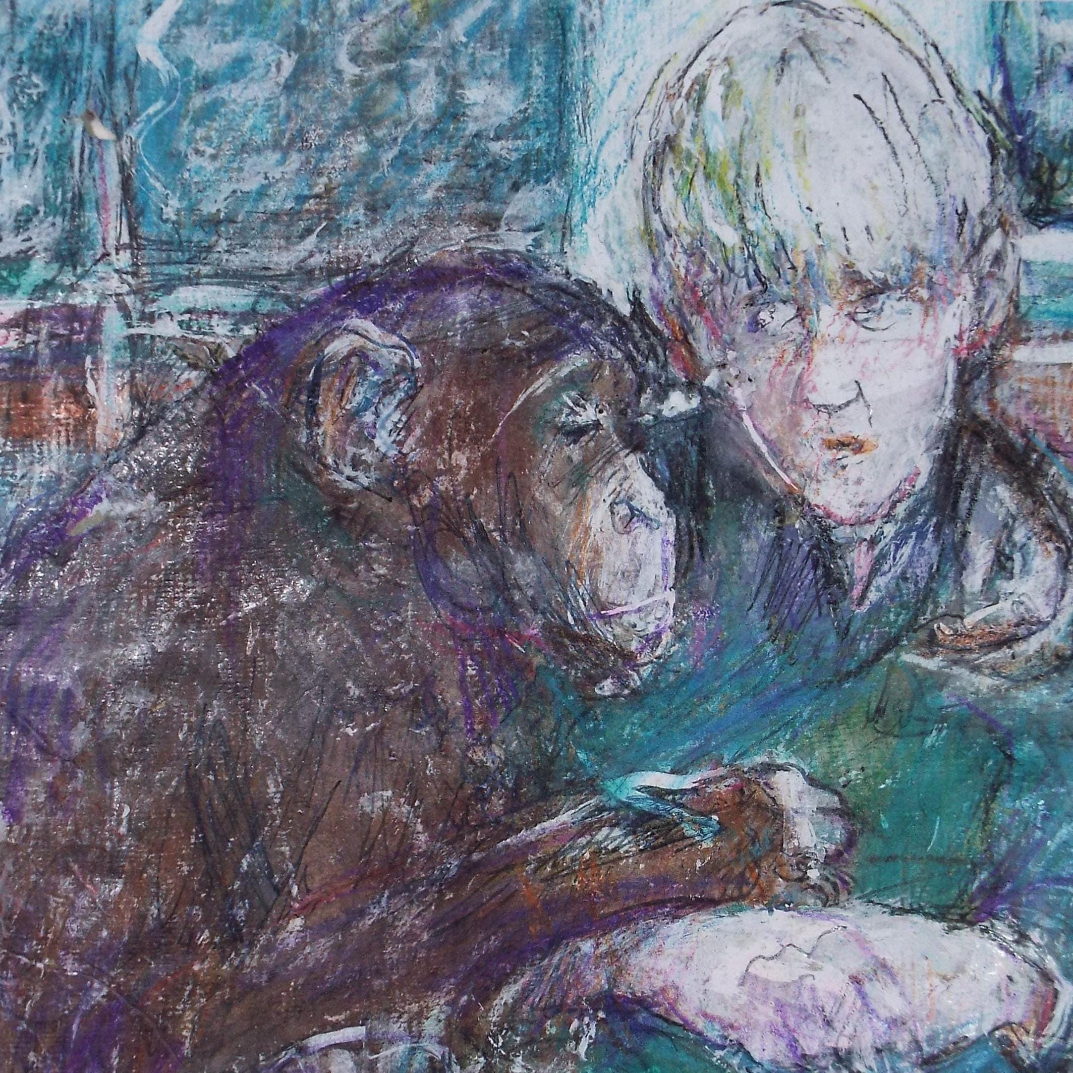 Original mixed media,'Boy with Chimpanzee', circa 1990's, John Gilbey Bowles (1929-2011)