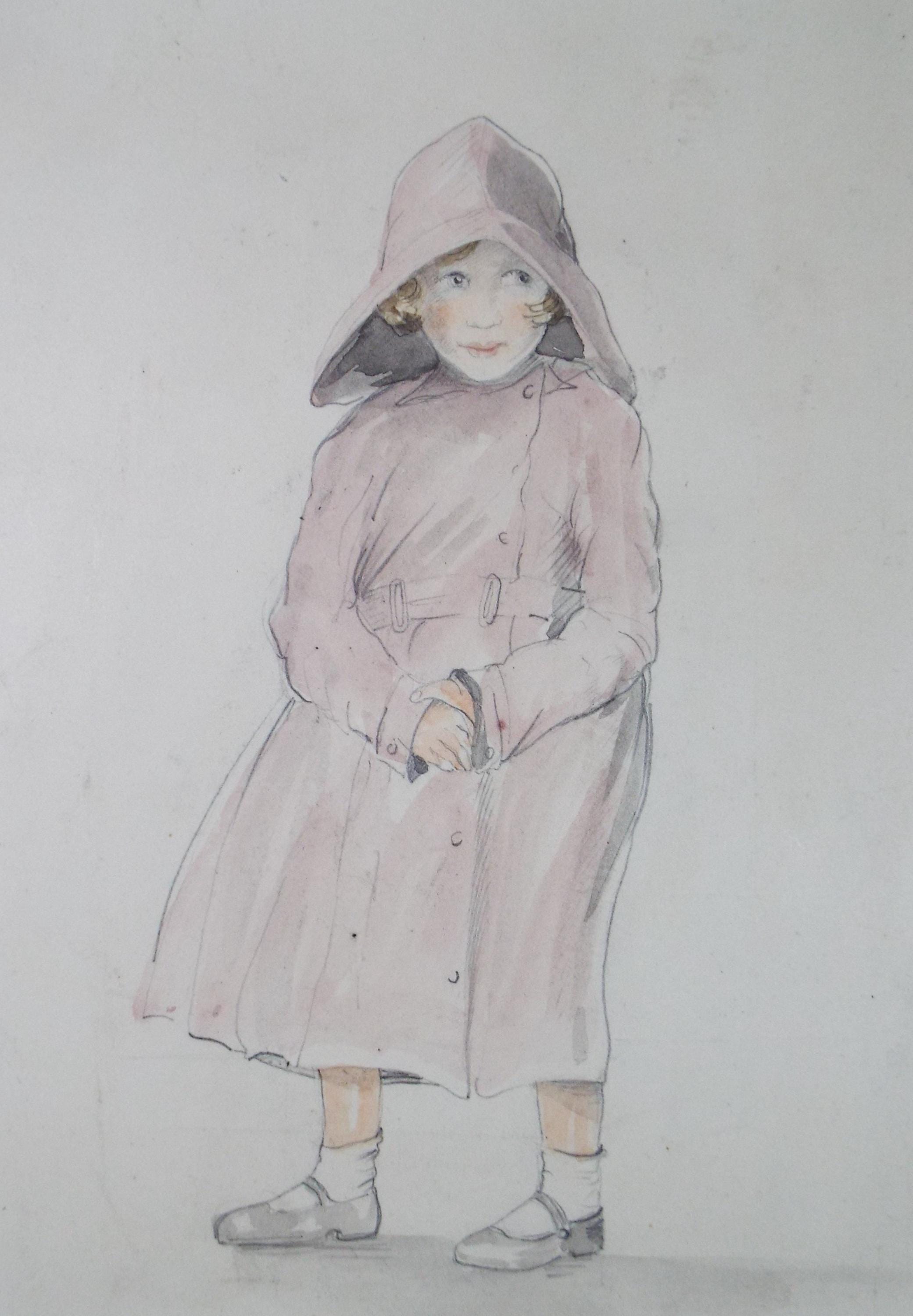 Original Watercolour, 'Girl in a Raincoat', circa 1930's, Artist Unknown