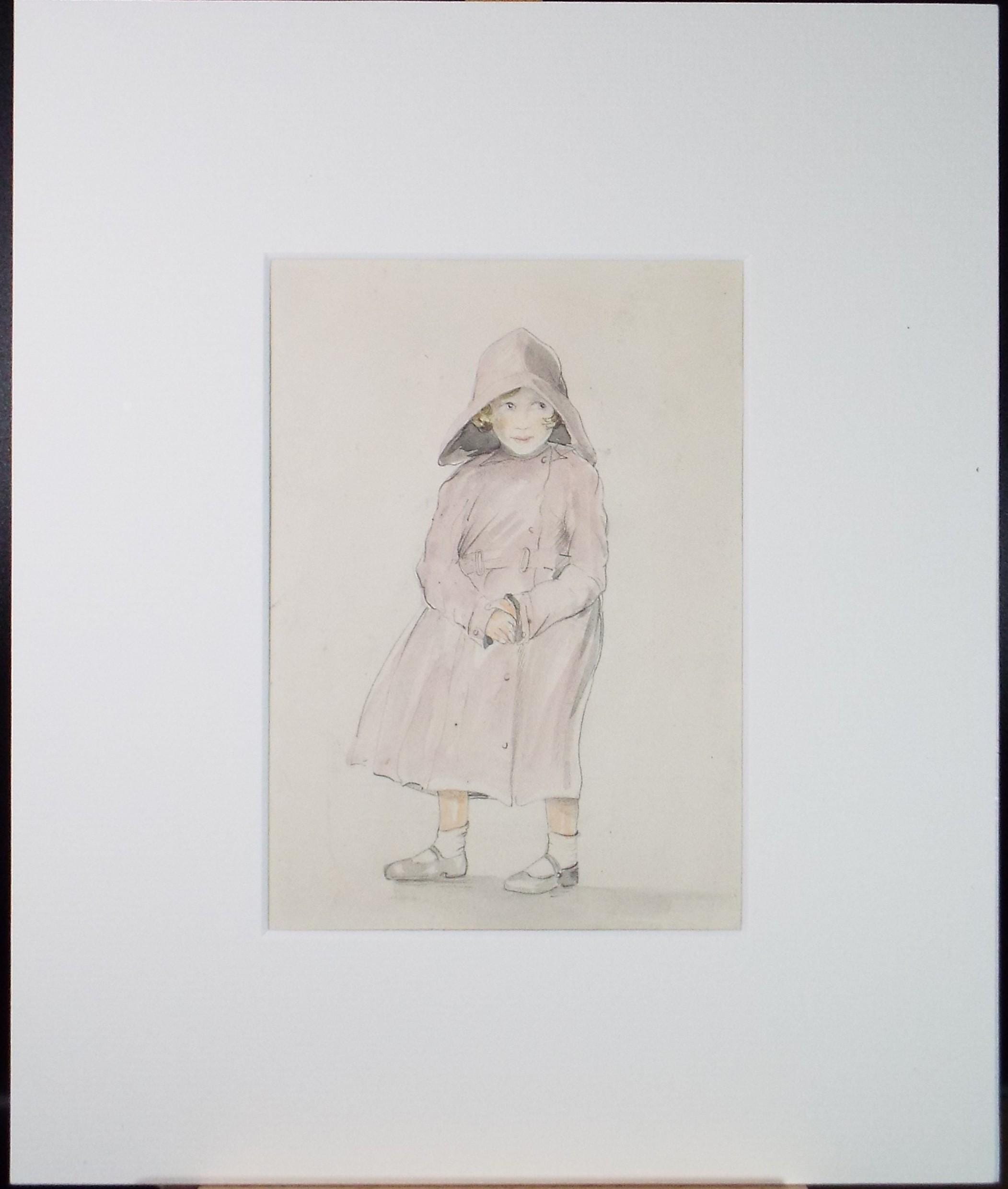 Original Watercolour, 'Girl in a Raincoat', circa 1930's, Artist Unknown
